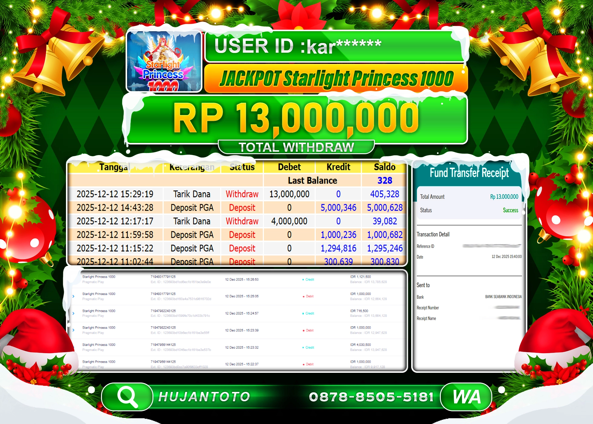 HUJANTOTO - BUKTI JACKPOT MENANG SLOT GAME STARLIGHT PRINCESS 1000 Rp.13,000,000 - TERBAYAR LUNAS