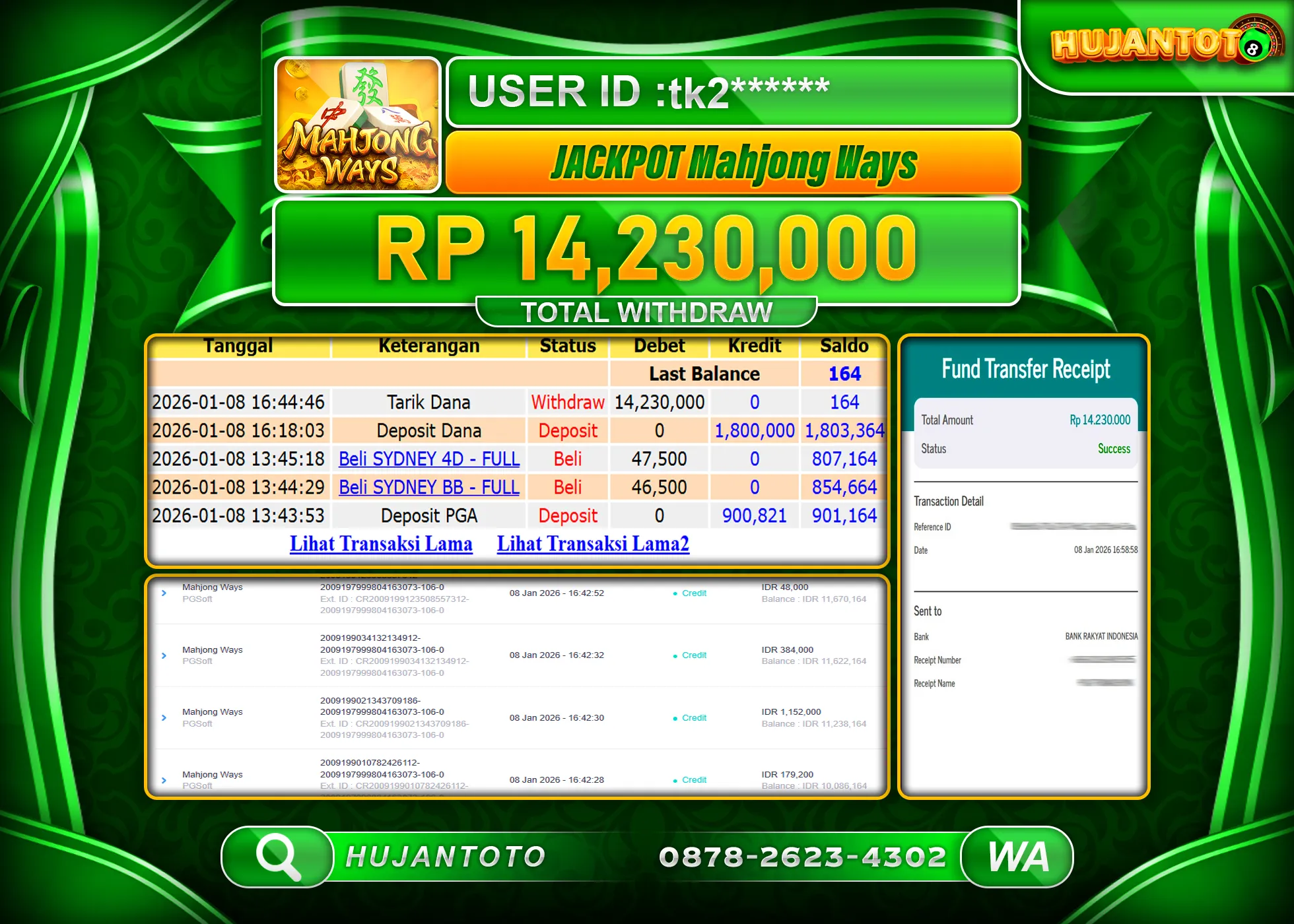 HUJANTOTO - BUKTI JACKPOT MENANG SLOT MAHJONG WAYS  Rp.14,230,000 - TERBAYAR LUNAS