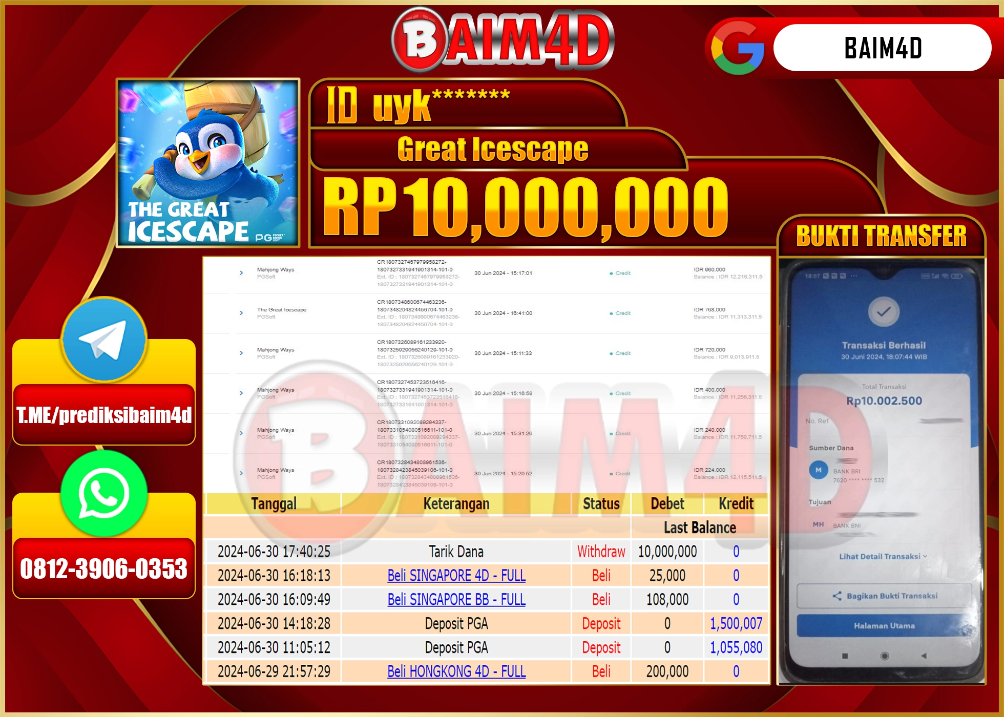 BAIM4D JACKPOT PG SOFT THE GREAT ICESCAPE Rp.10,000,000.- LUNAS