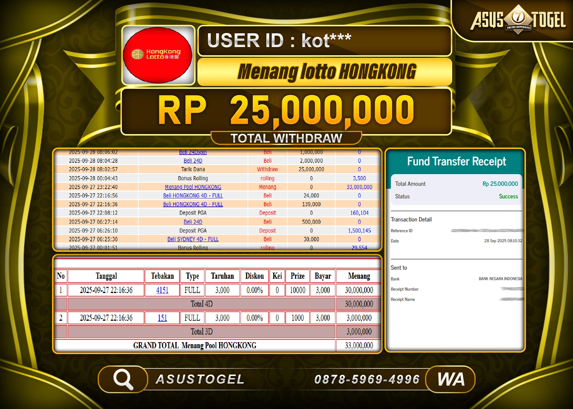 ASUSTOGEL KEMENANGAN DI TOGEL HONGKONG LOTTTO SEBESAR 25,000,000- RUPIAH LUNAS