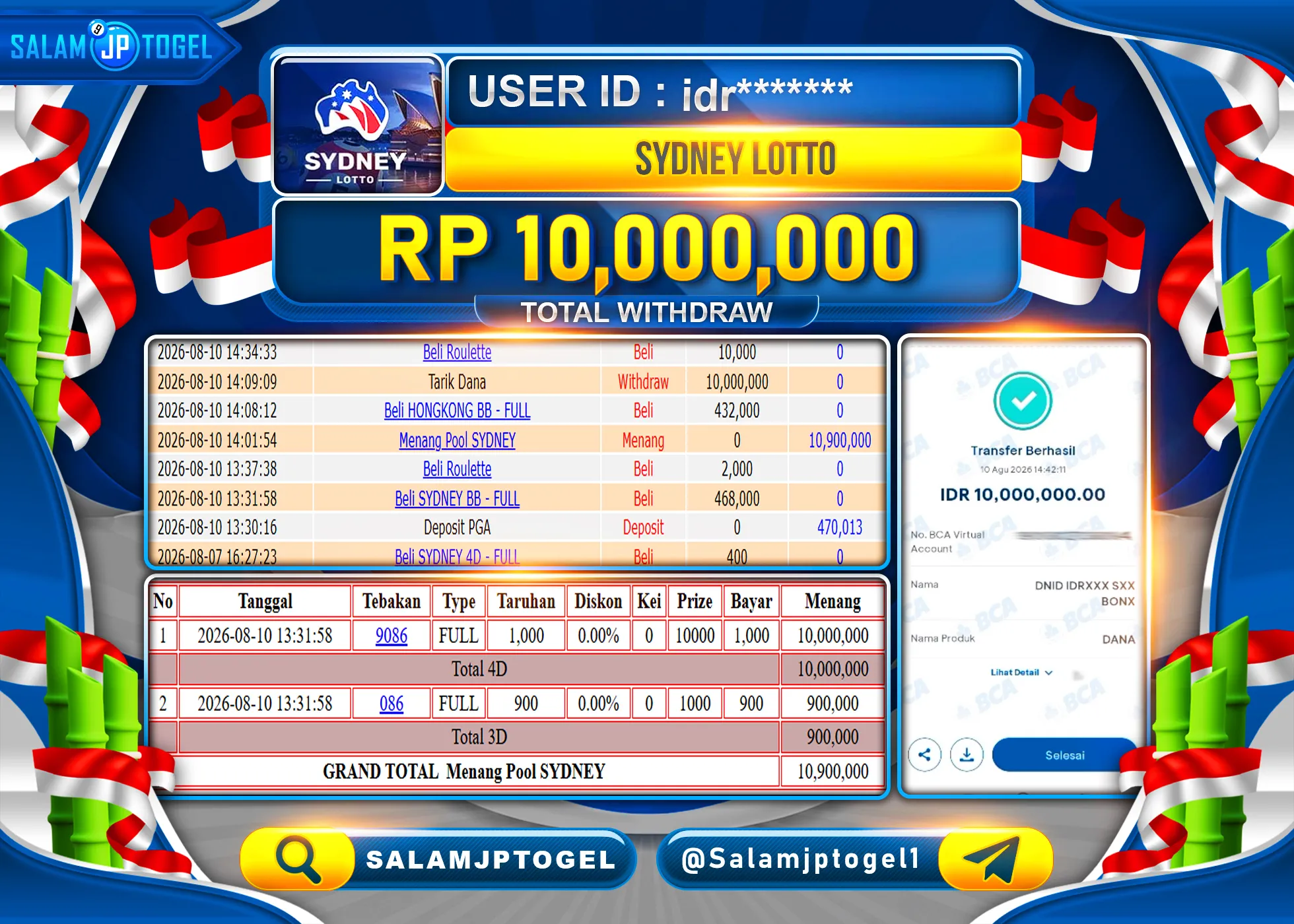 SALAMJPTOGEL JACKPOT MENANG JACKPOT SYDNEY LOTTO TOGEL  Rp.10,000,000  - LUNAS
