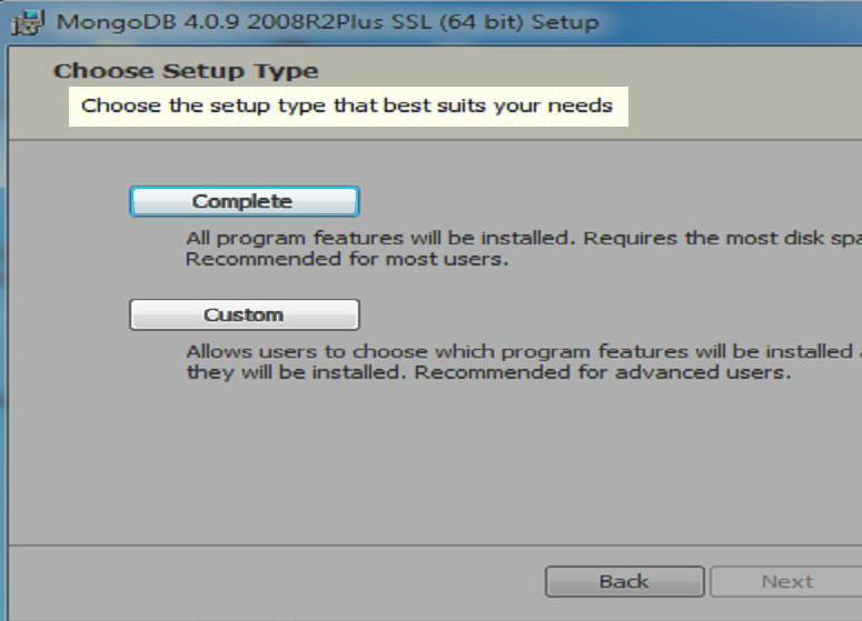 Screenshot of the MongoDB Windows wizard installer prompting the user to choose a complete or custom setup