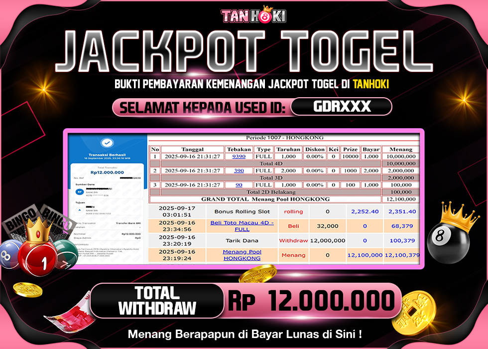 TANHOKI JACKPOT TOGEL HONGKONG LOTTO  Rp.12.000.000,- LUNAS