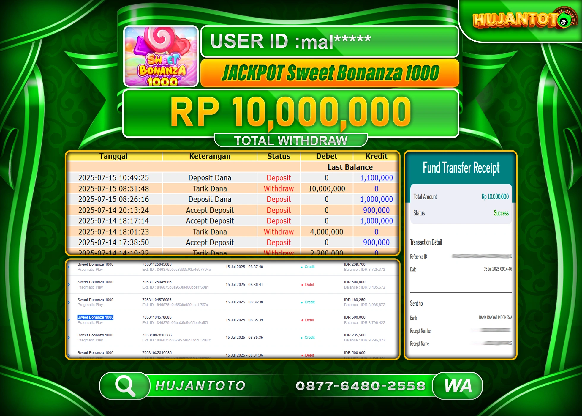 HUJANTOTO - BUKTI JACKPOT MENANG SLOT SWEET BONANZA 1000 Rp.10,000,000 - TERBAYAR LUNAS