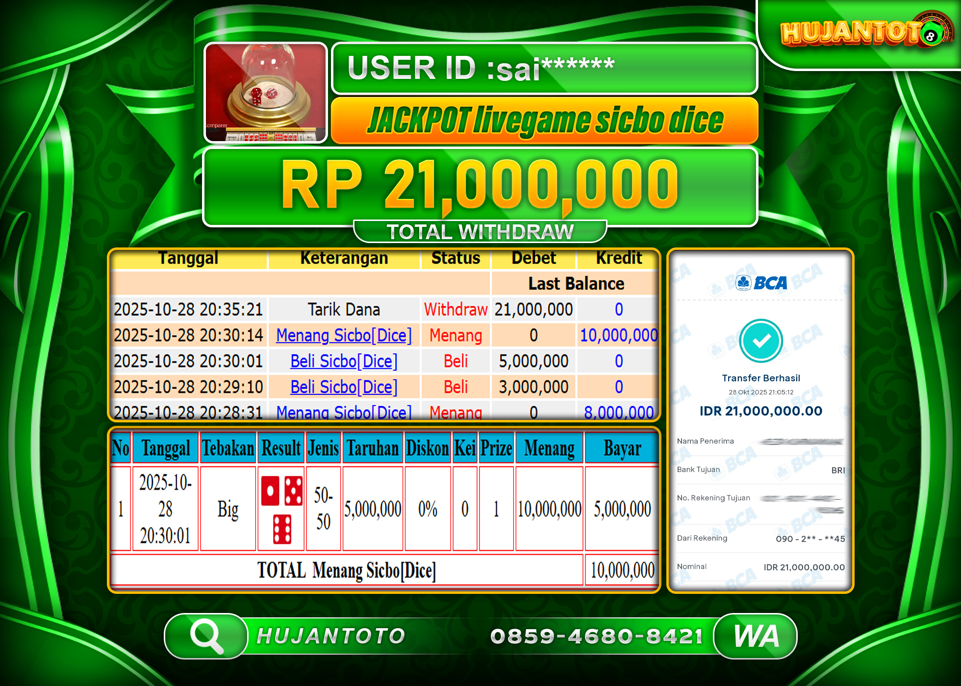 HUJANTOTO - BUKTI JACKPOT MENANG LIVEGAMES SICBO DICE Rp.21,000,000 - TERBAYAR LUNAS