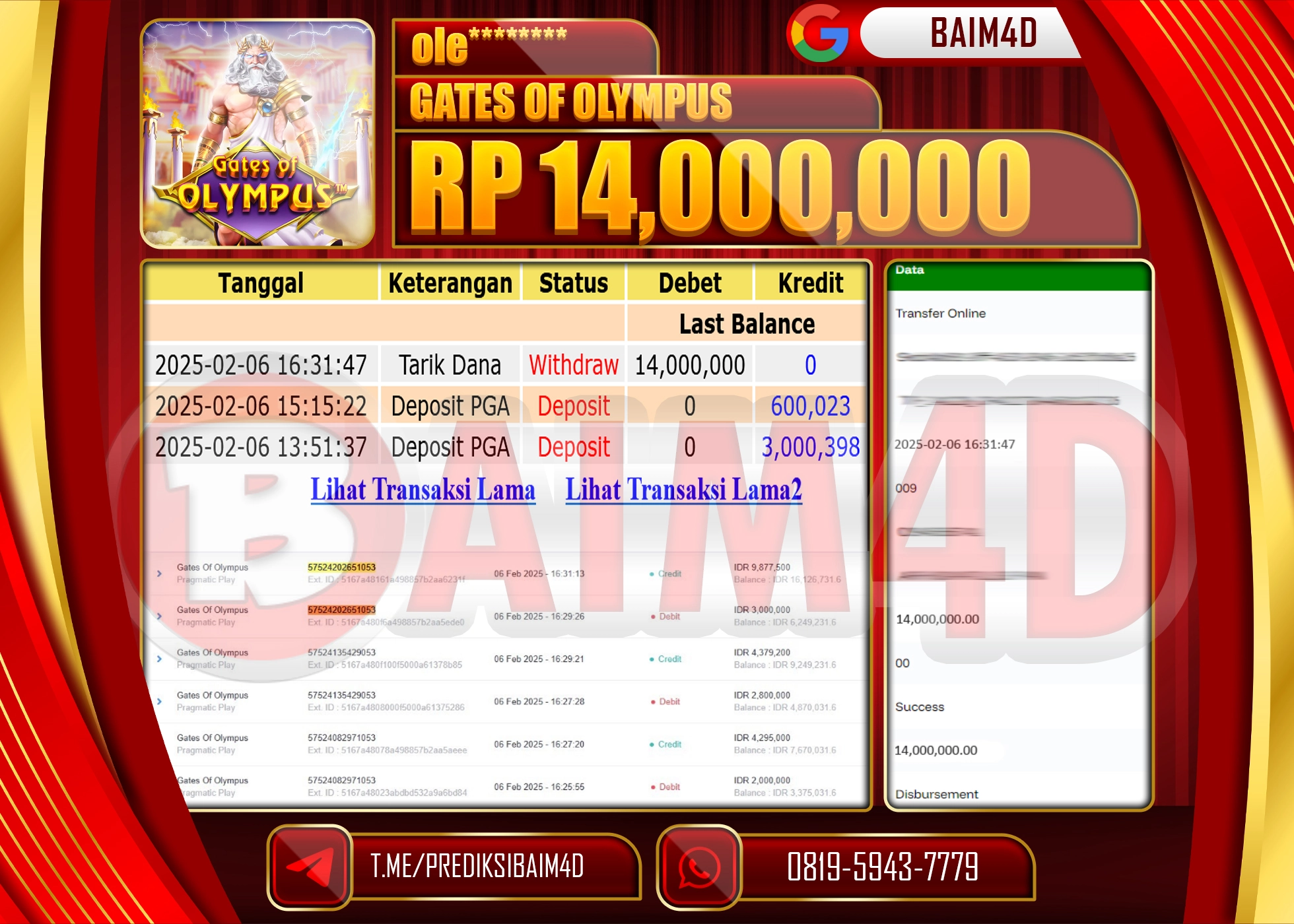 BAIM4D JACKPOT PRAGMATIC GATES OF OLYMPUS Rp.14.000,000.- LUNAS