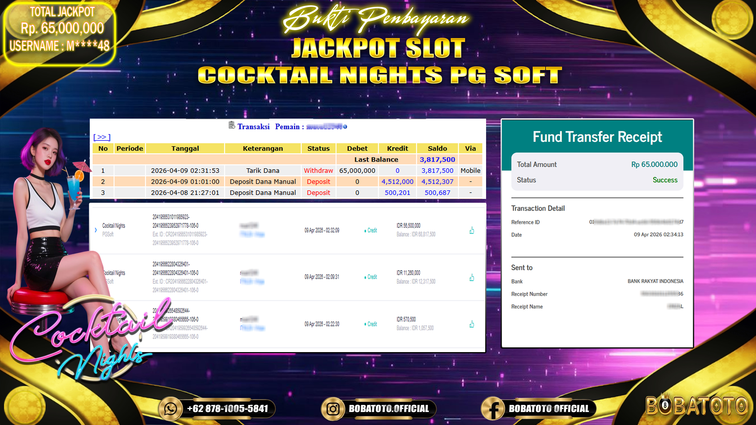 BOBATOTO JACKPOT SLOT COCKTAIL NIGHTS PG SOFT Rp.65,000,000,- LUNAS!!