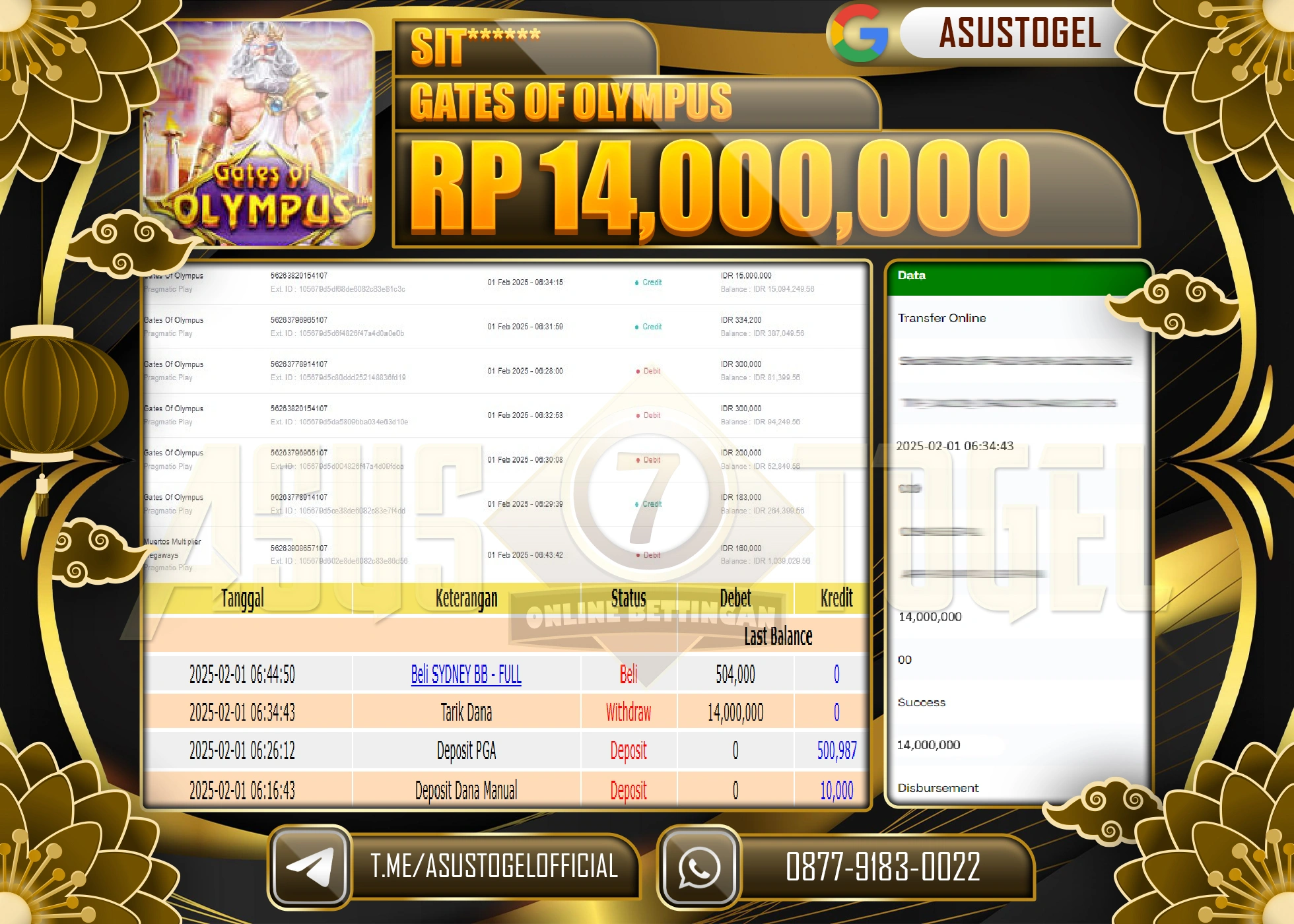 ASUSTOGEL KEMENANGAN DI GATES OF OLYMPUS  SEBESAR 14.000.000 - RUPIAH LUNAS