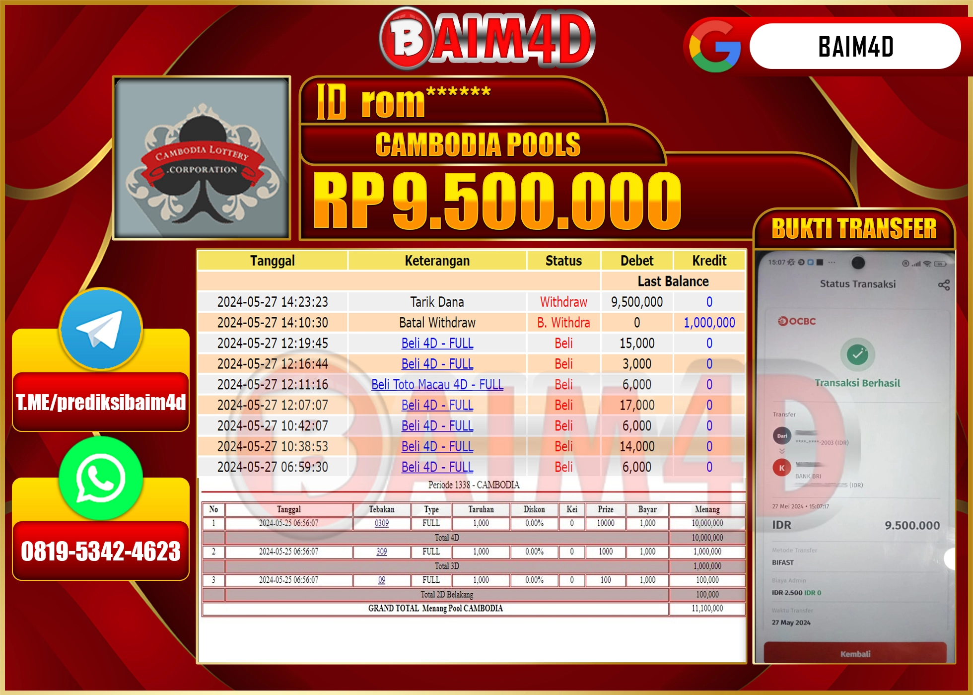 BAIM4D JACKPOT POOLS CAMBODIA Rp.9.500.000.,- LUNAS