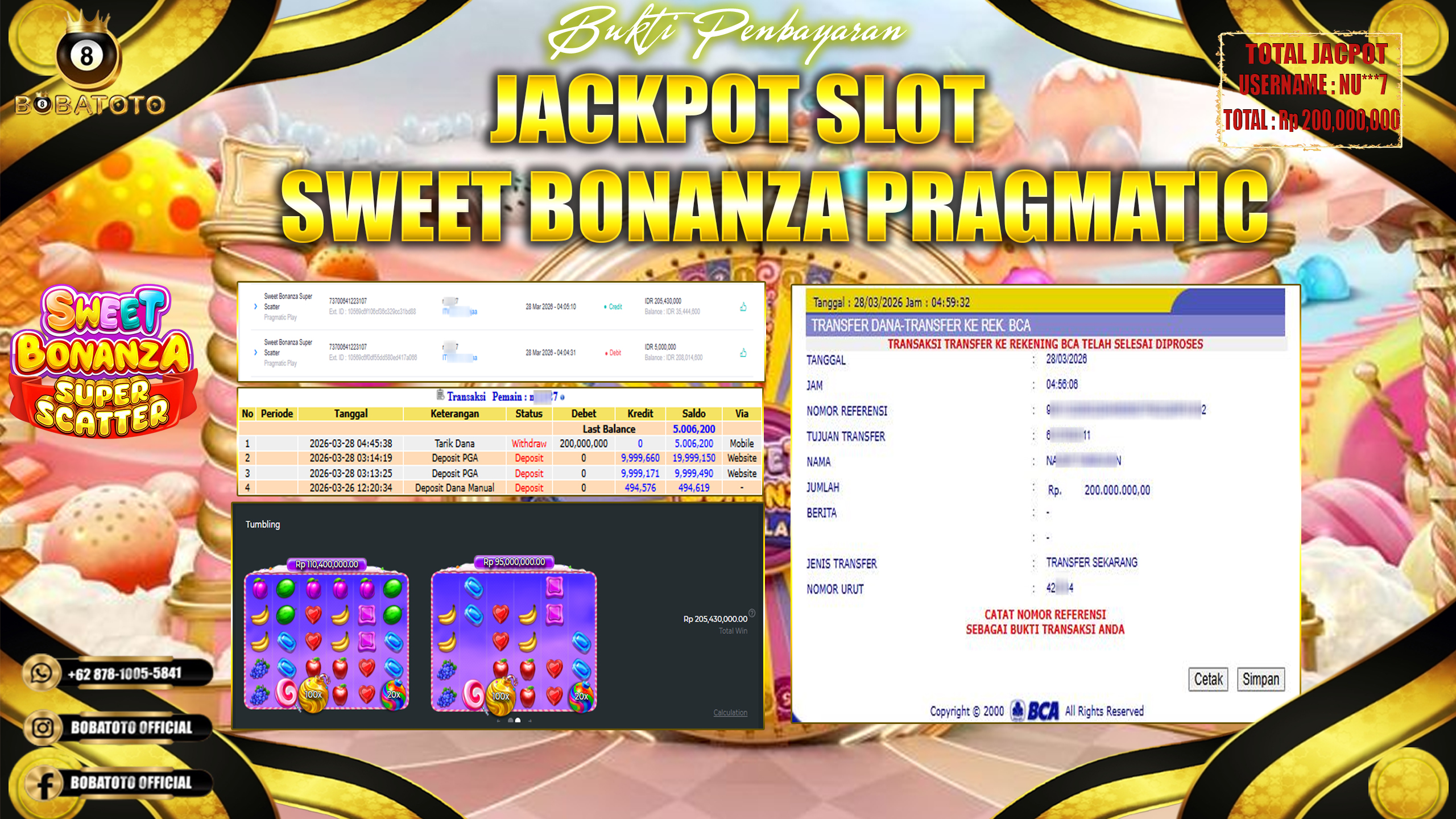 BOBATOTO JACKPOT SLOT SWEET BONANZA  SUPER SCATTER PRAGMATIC Rp.200,000,000,- LUNAS!!