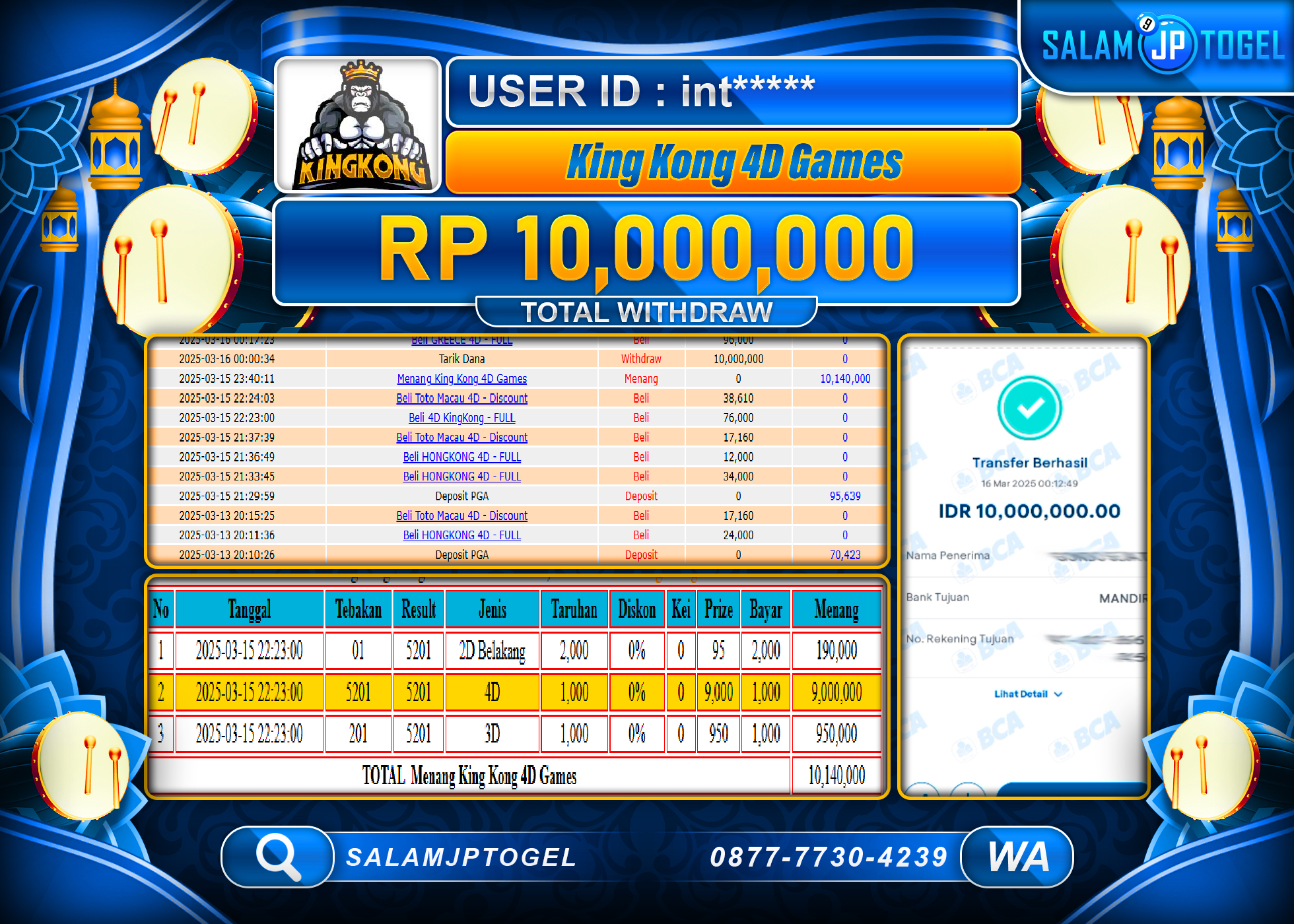SALAMJPTOGEL MENANG KING KONG 4D Rp. 10,000,000 LUNAS