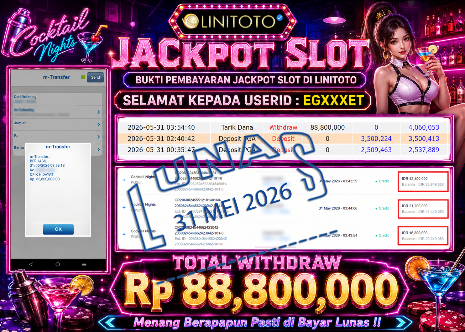 LINITOTO JACKPOT SLOT Cocktail Nights Rp.88,800,000 - LUNAS