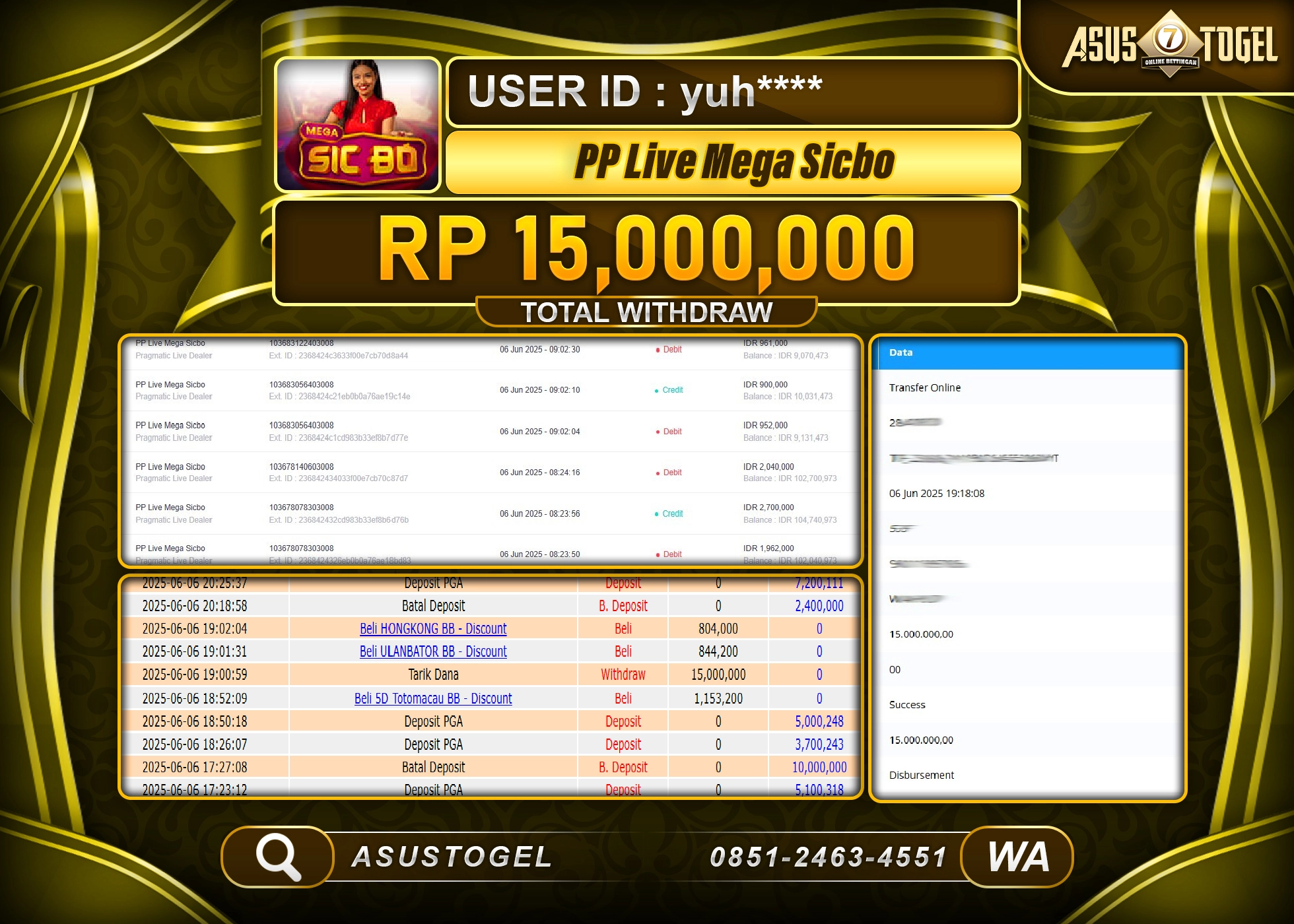 ASUSTOGEL KEMENANGAN DI LIVE PP MEGA SICBO SEBESAR 15,000,000- RUPIAH LUNAS