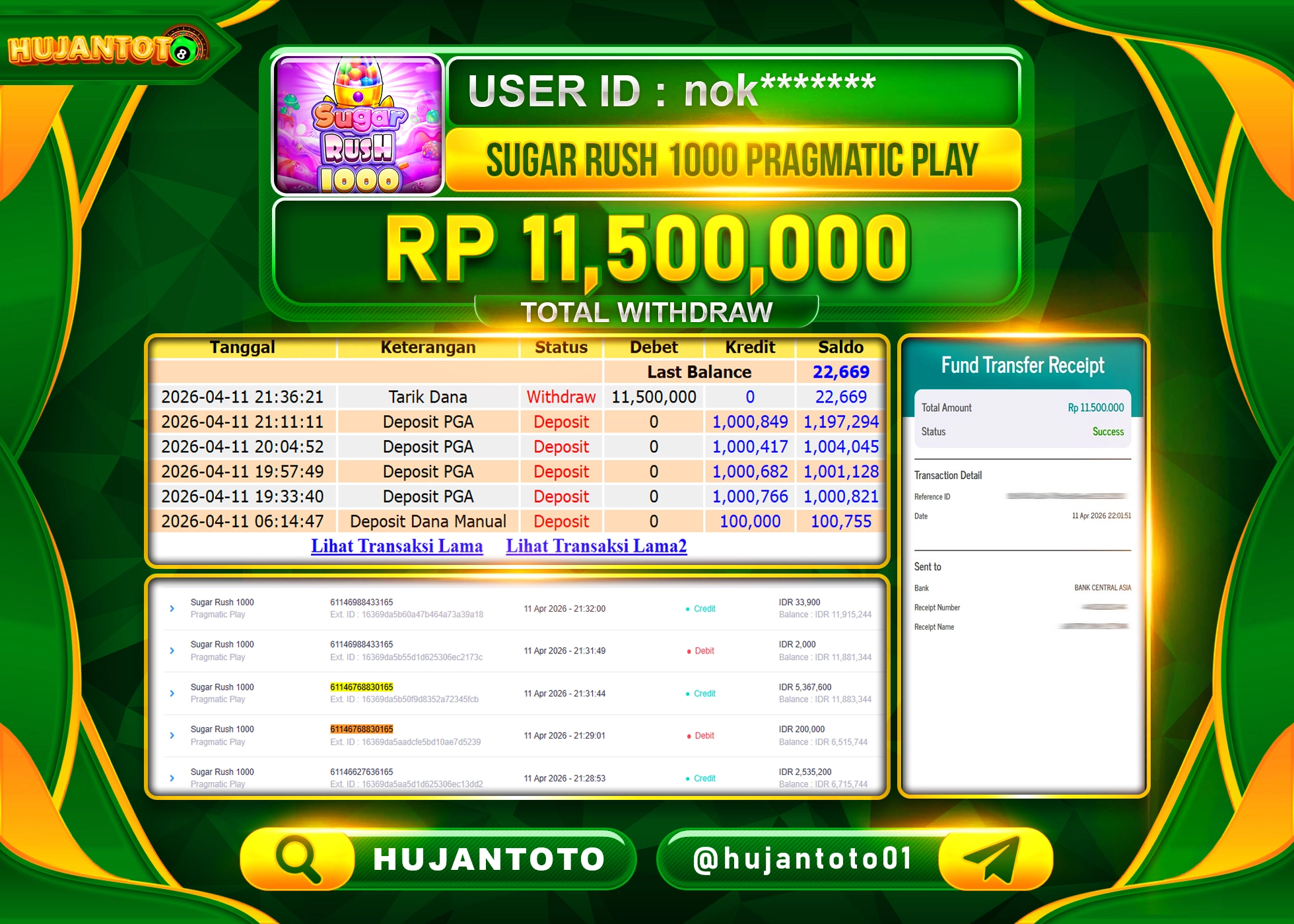 HUJANTOTO - BUKTI JACKPOT MENANG SUGAR RUSH 1000 PRAGMATIC PLAY Rp.11,500,000 - TERBAYAR LUNAS