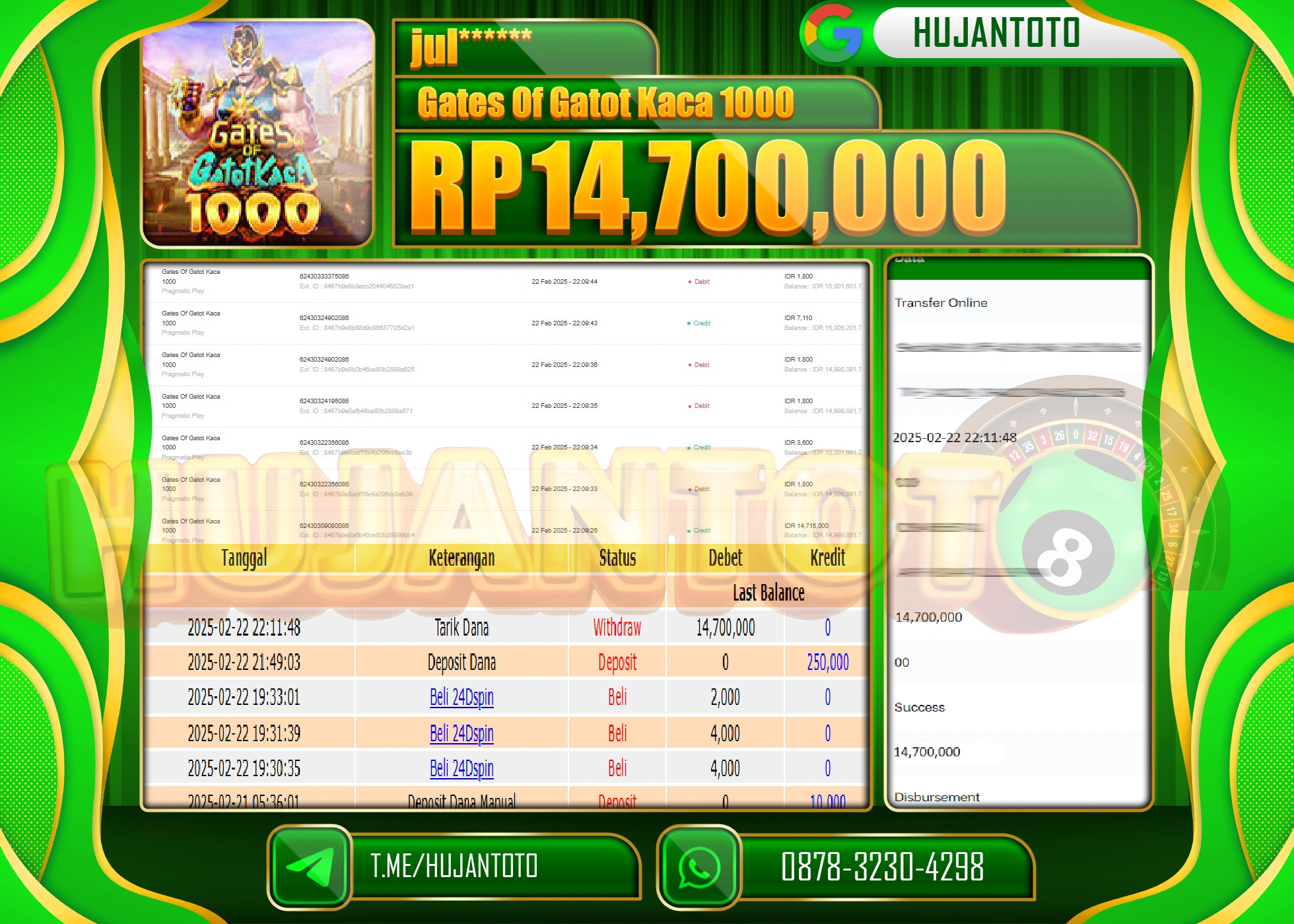 HUJANTOTO - BUKTI JACKPOT MENANG SLOT GATES OF GATOT KACA 1000Rp. 14.700.000 - TERBAYAR LUNAS