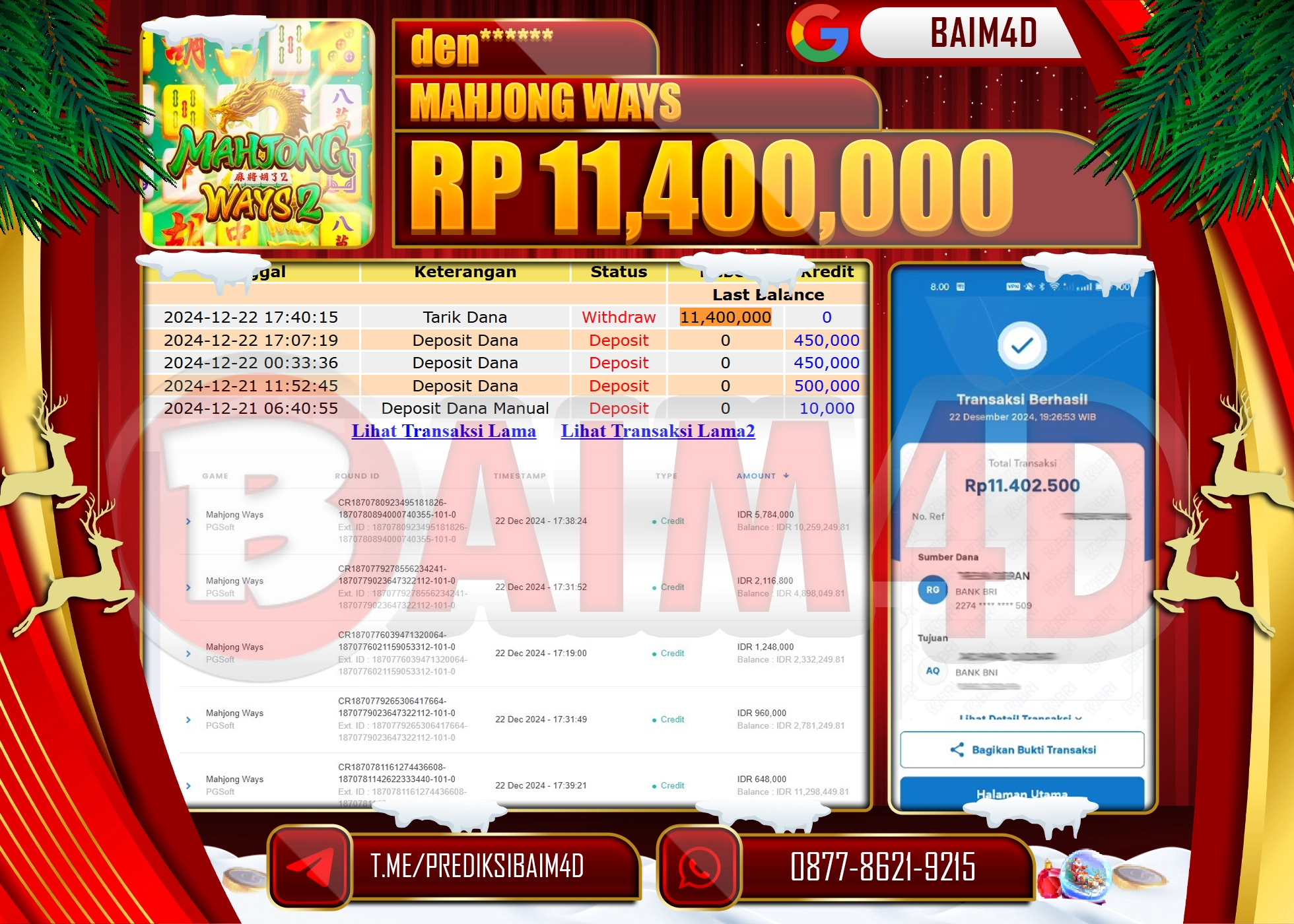 BAIM4D JACKPOT PG SOFT MAHJONG WAYS 2  Rp.11.400,000.- LUNAS