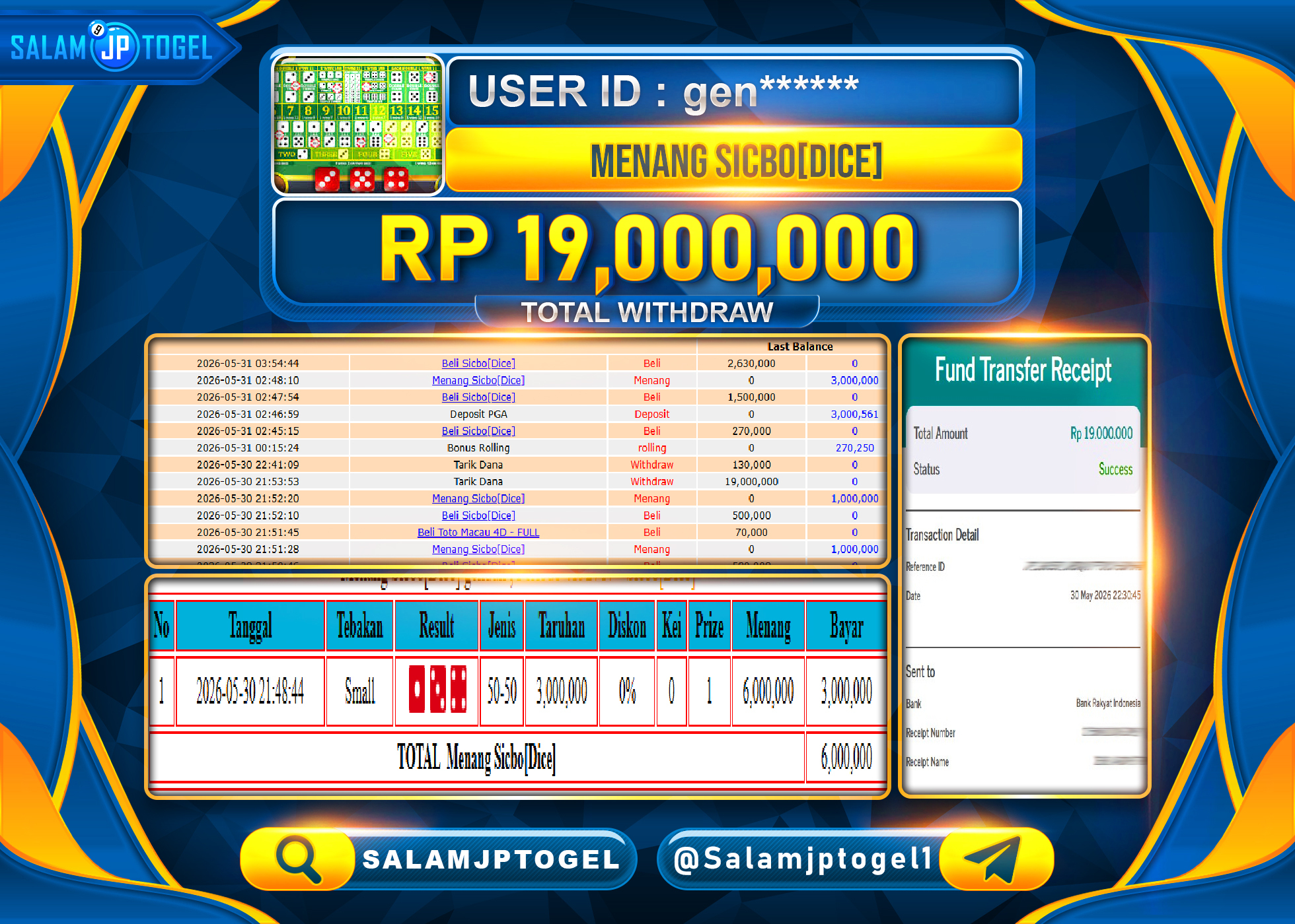 SALAMJPTOGEL JACKPOT Menang Sicbo[Dice] 24live - LIVE GAME Rp.19,000,000 - LUNAS