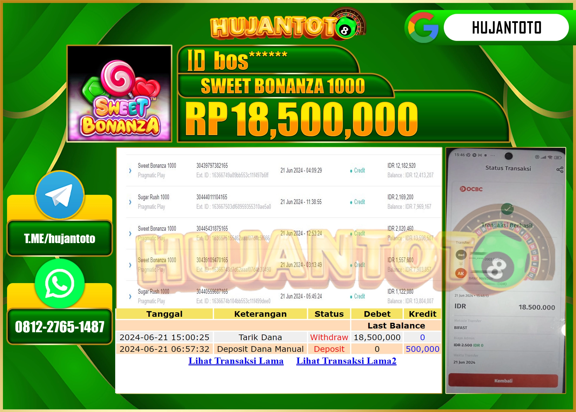 HUJANTOTO MENANG SLOT SWEET BONANZA 18,500,000 - LUNAS 