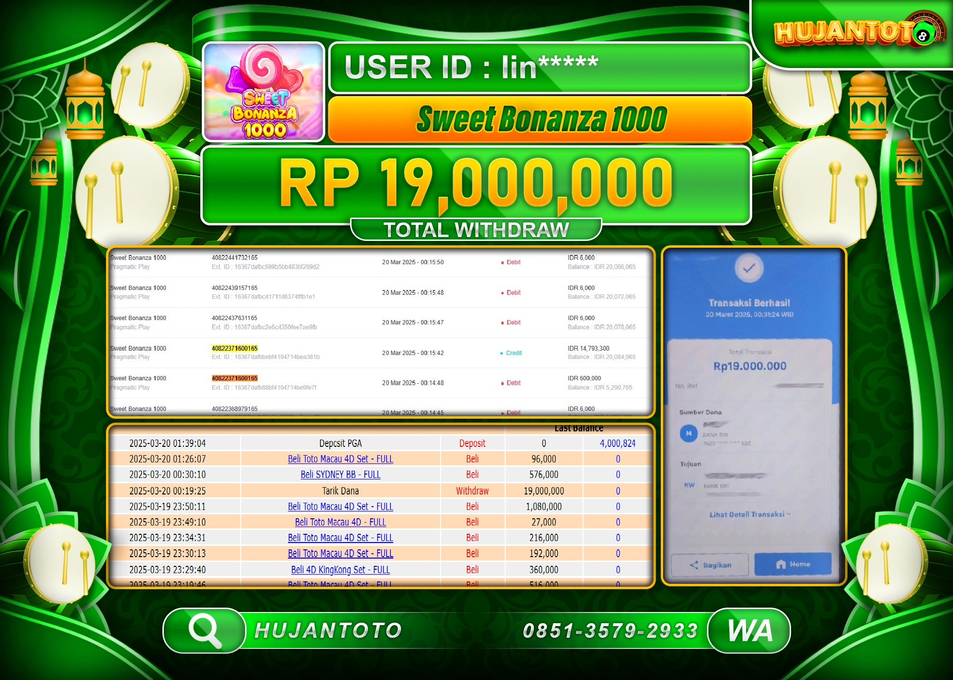 HUJANTOTO - BUKTI JACKPOT MENANG SLOT SWEET BONANZA 1000 Rp,19,000,000 - TERBAYAR LUNAS