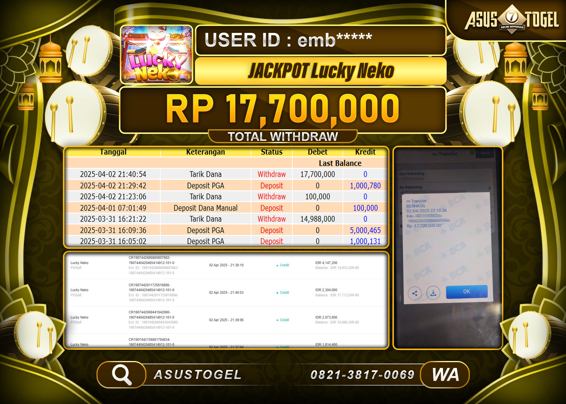 ASUSTOGEL KEMENANGAN DI SLOT LUCKY NEKO SEBESAR 17,700,000- RUPIAH LUNAS