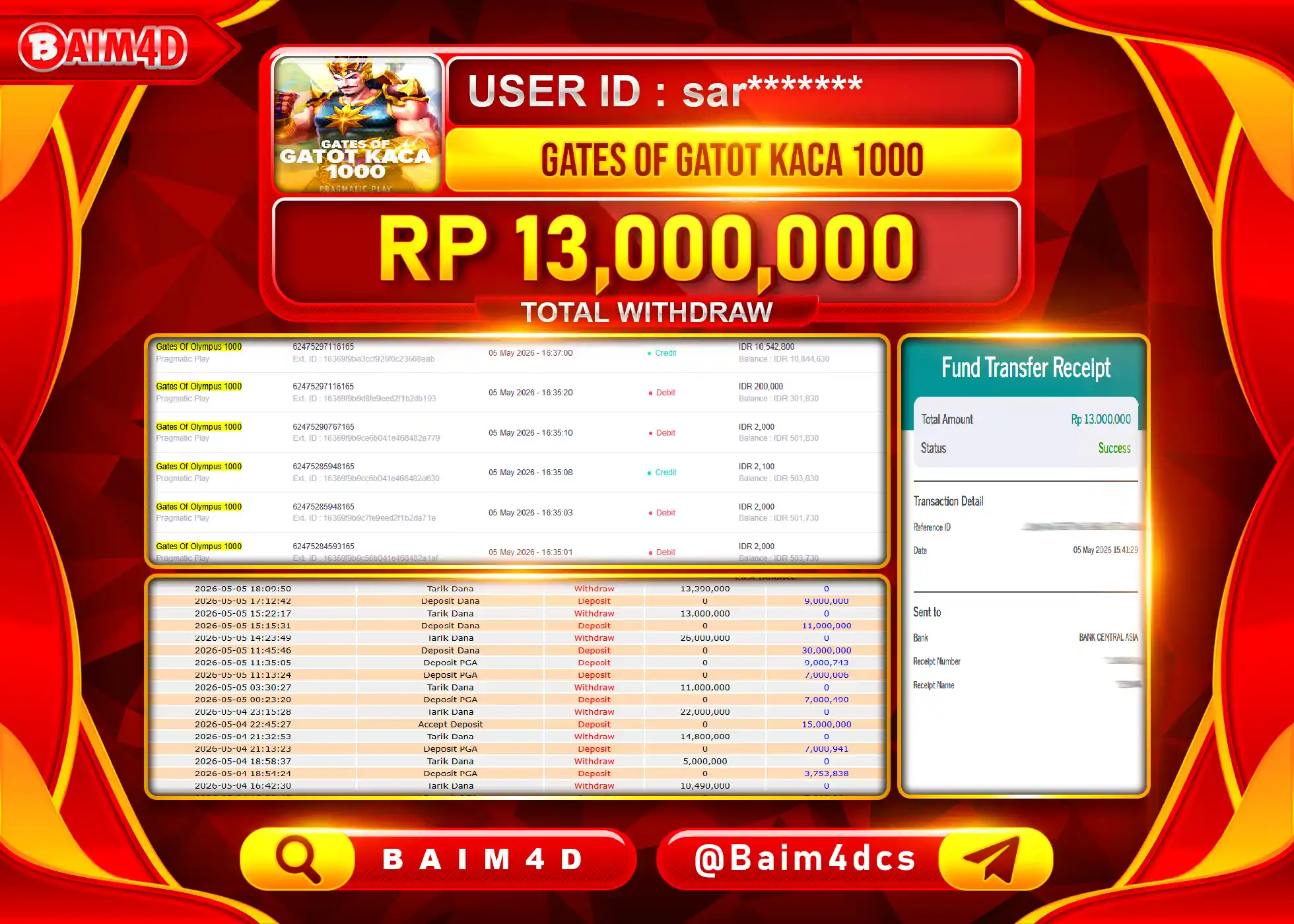 BAIM4D JACKPOT GATES OF GATOT KACA 1000 Rp.13,000,000 - LUNAS