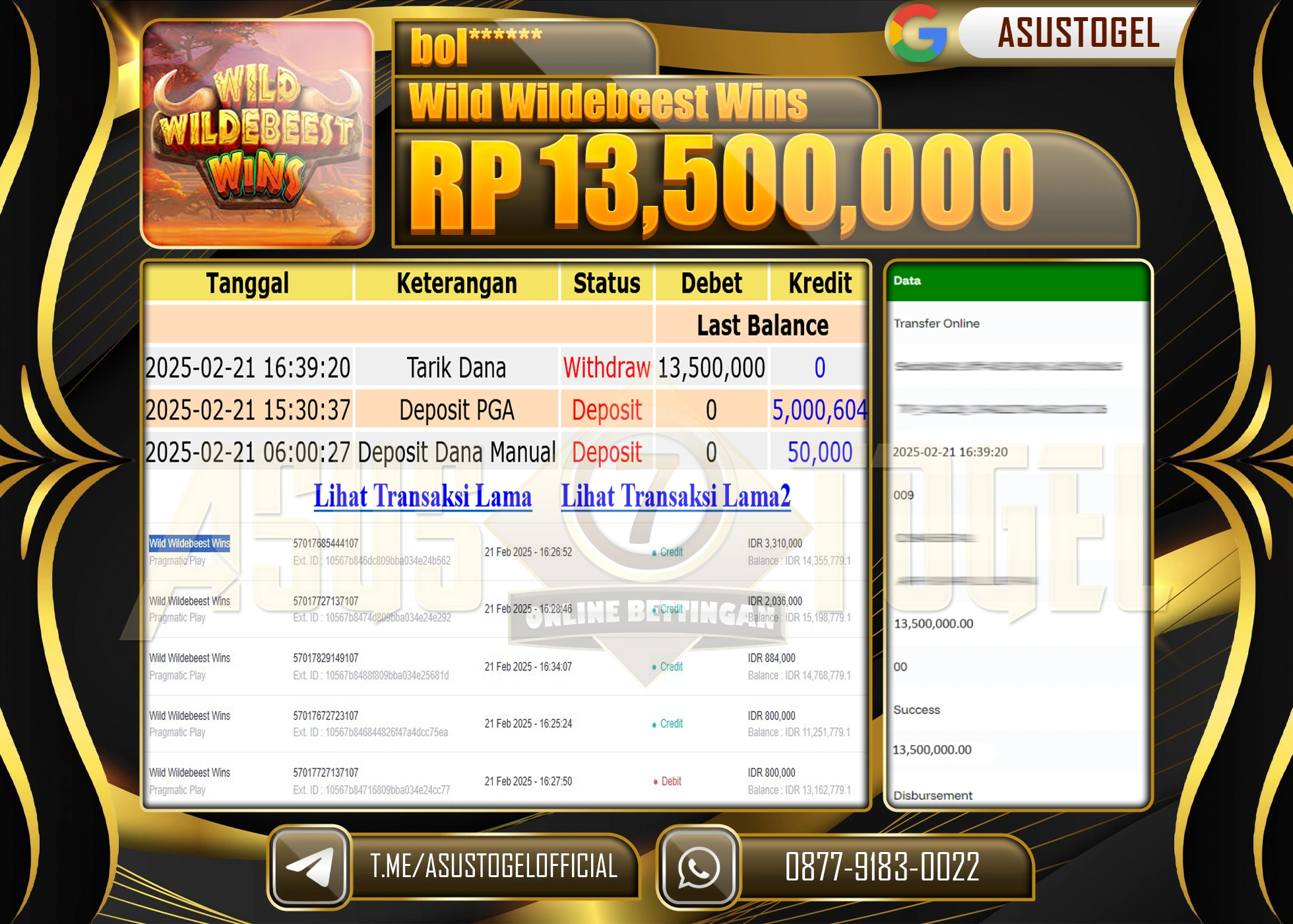 ASUSTOGEL KEMENANGAN DI WILD WILDEBEEST WINS SEBESAR 13,500,000 - RUPIAH LUNAS
