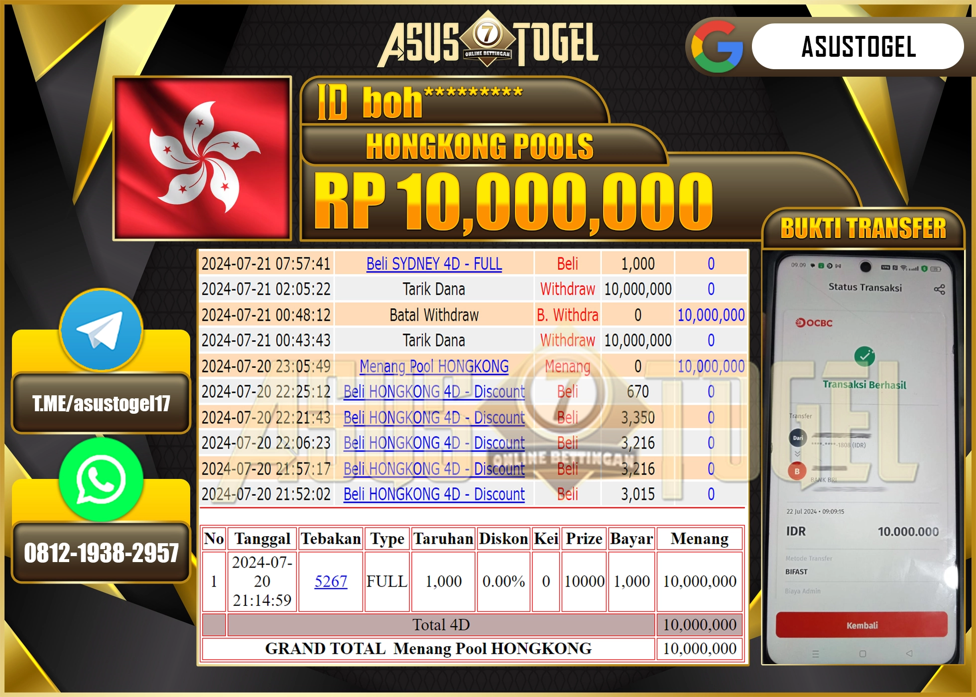 ASUSTOGEL KEMENANGAN DI PASARAN HONGKONG POOLS SEBESAR 10,000,000-LUNAS