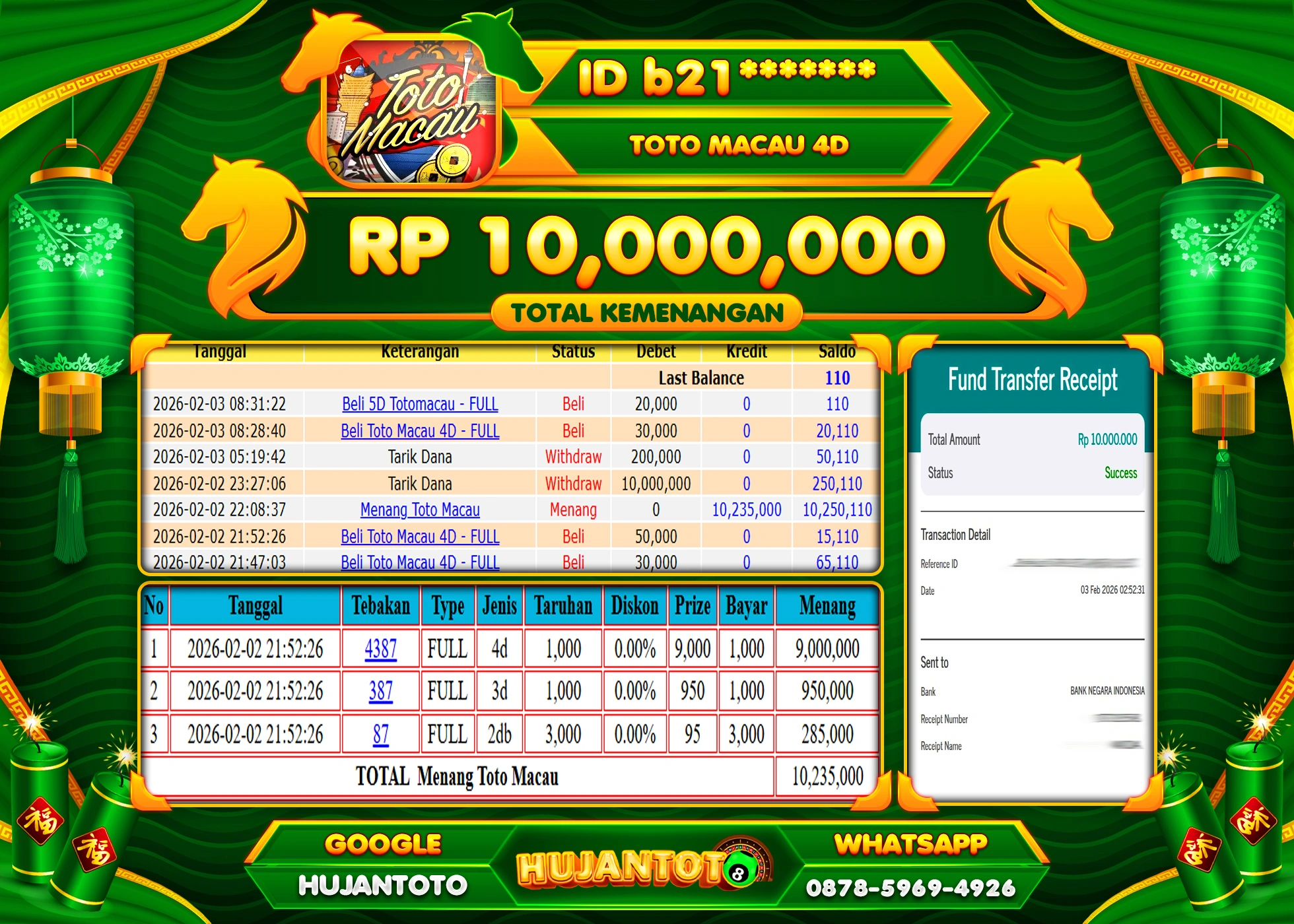 HUJANTOTO - BUKTI JACKPOT MENANG TOGEL TOTO MACAU 4D Rp.10,000,000 - TERBAYAR LUNAS