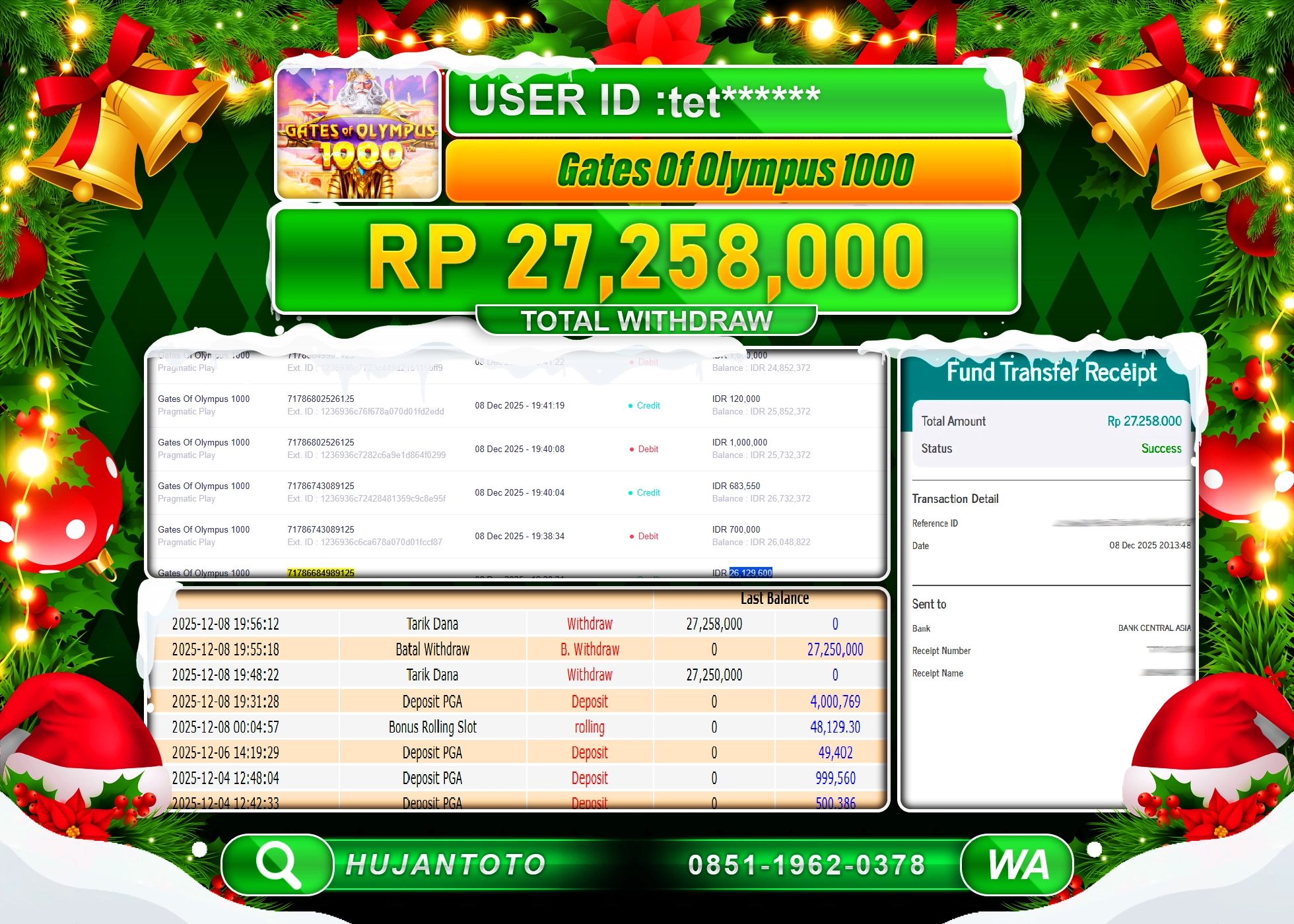HUJANTOTO - BUKTI JACKPOT MENANG SLOT GATES OF OLYMPUS 1000 Rp.27,258,000 - TERBAYAR LUNAS