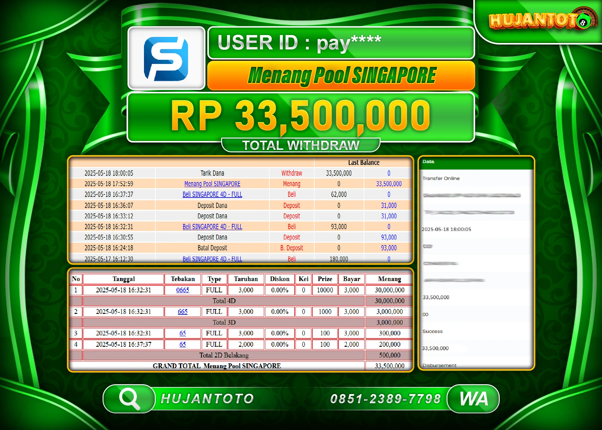 HUJANTOTO - BUKTI JACKPOT MENANG TOGEL SINGAPORE POOLS Rp,33,500,000 - TERBAYAR LUNAS