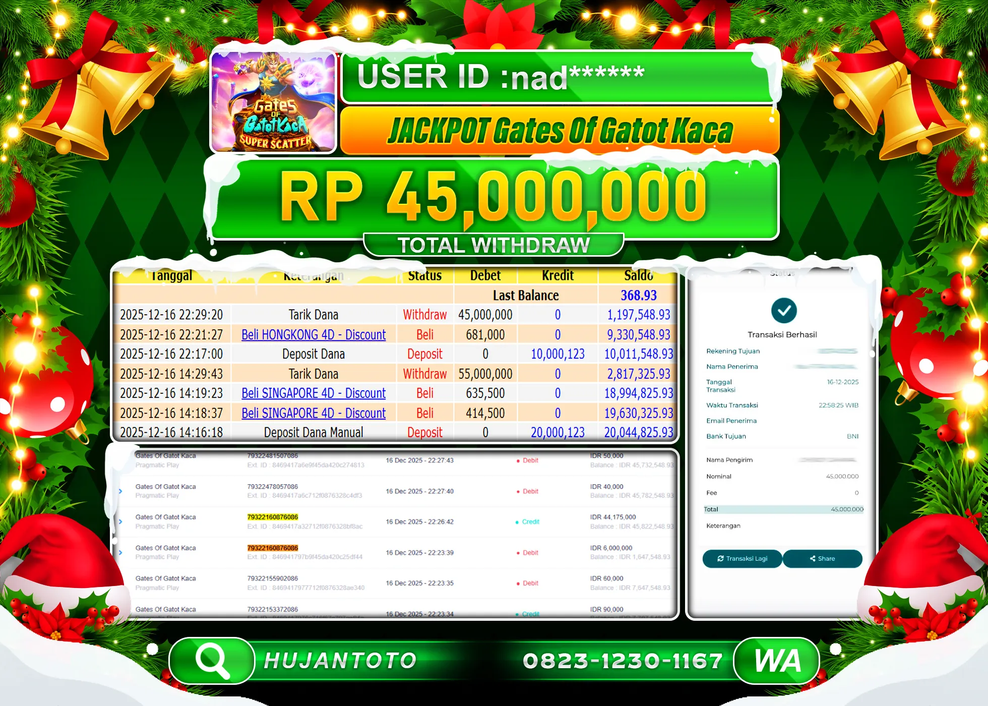 HUJANTOTO - BUKTI JACKPOT MENANG SLOT GATES OF GATOTKACA Rp.45,000,000 - TERBAYAR LUNAS
