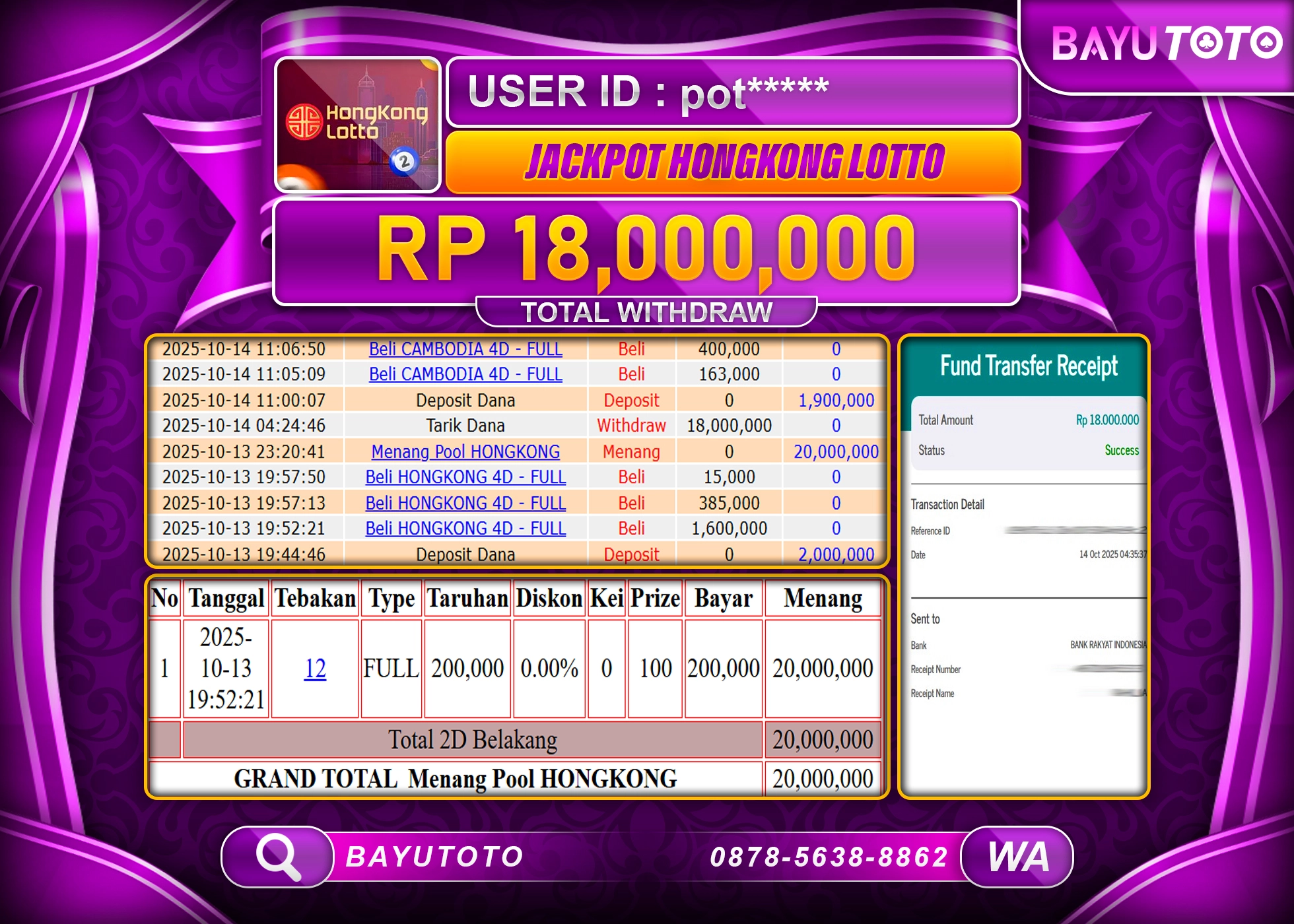 BAYUTOTO JACKPOT DI PERMAINAN TOGEL HONGKONG LOTTO Rp.18,000,000 LUNAS