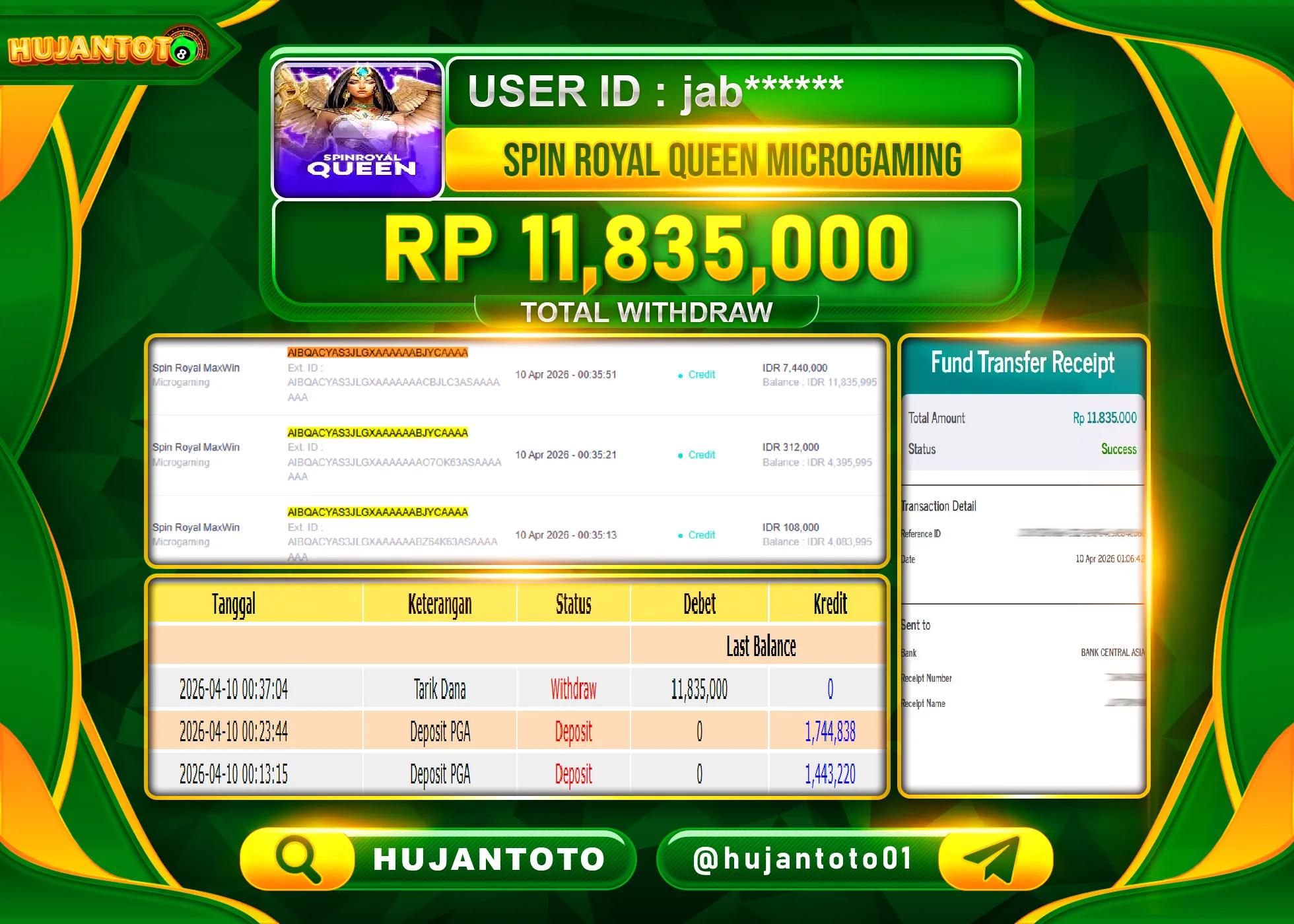 HUJANTOTO - BUKTI JACKPOT MENANG SLOT SPIN ROYAL QUEEN Rp.11,835,000 - TERBAYAR LUNAS