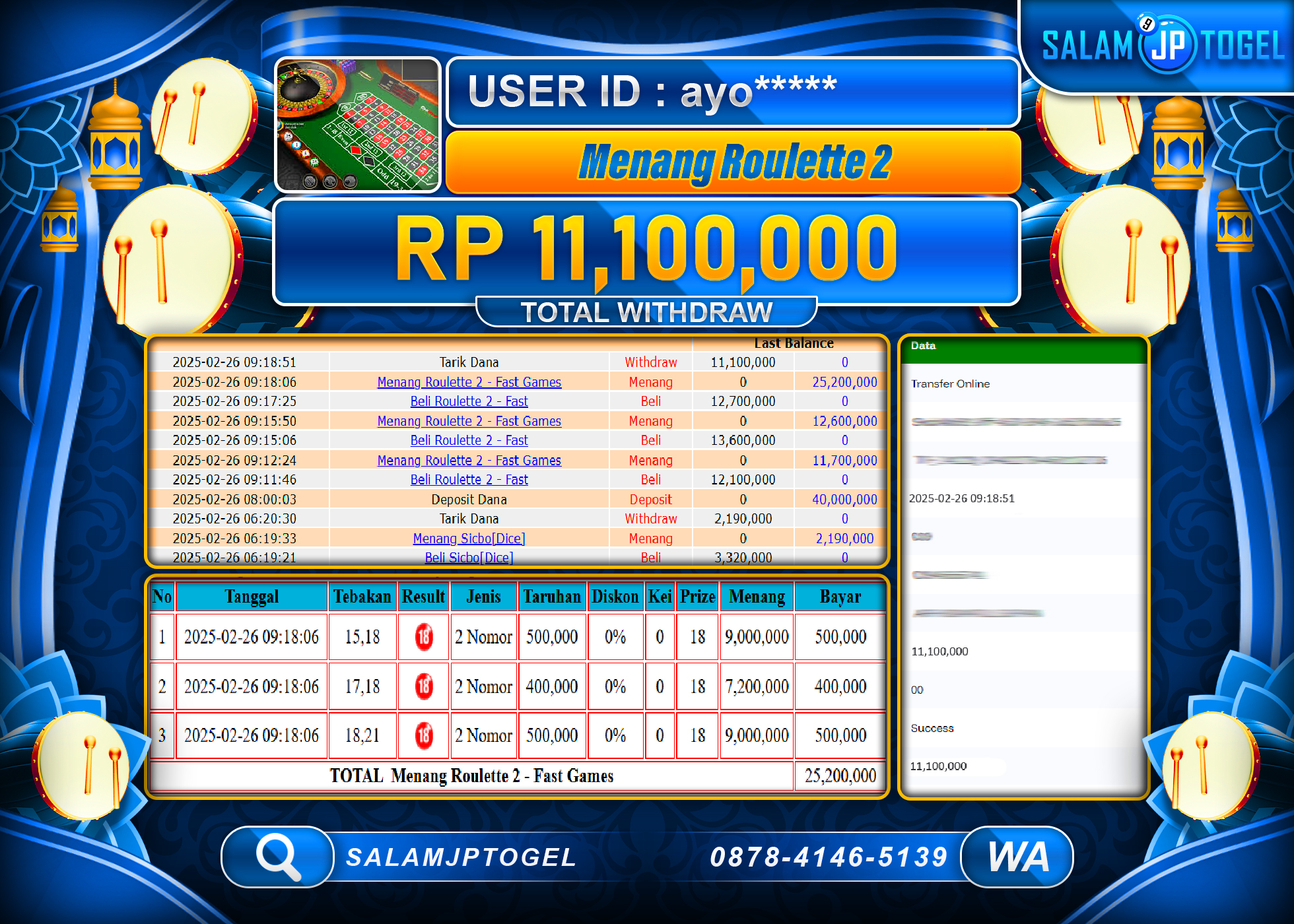 SALAMJPTOGEL MENANG ROULETTE 2 Rp. 11,100,000  LUNAS