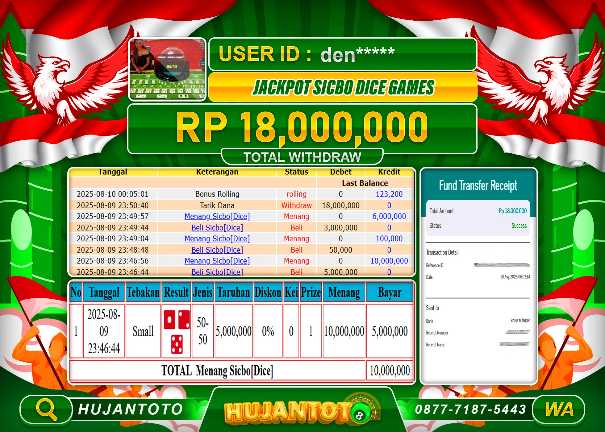 HUJANTOTO - BUKTI JACKPOT MENANG LIVE SICBO DICE GAMES Rp.18,000,000 - TERBAYAR LUNAS