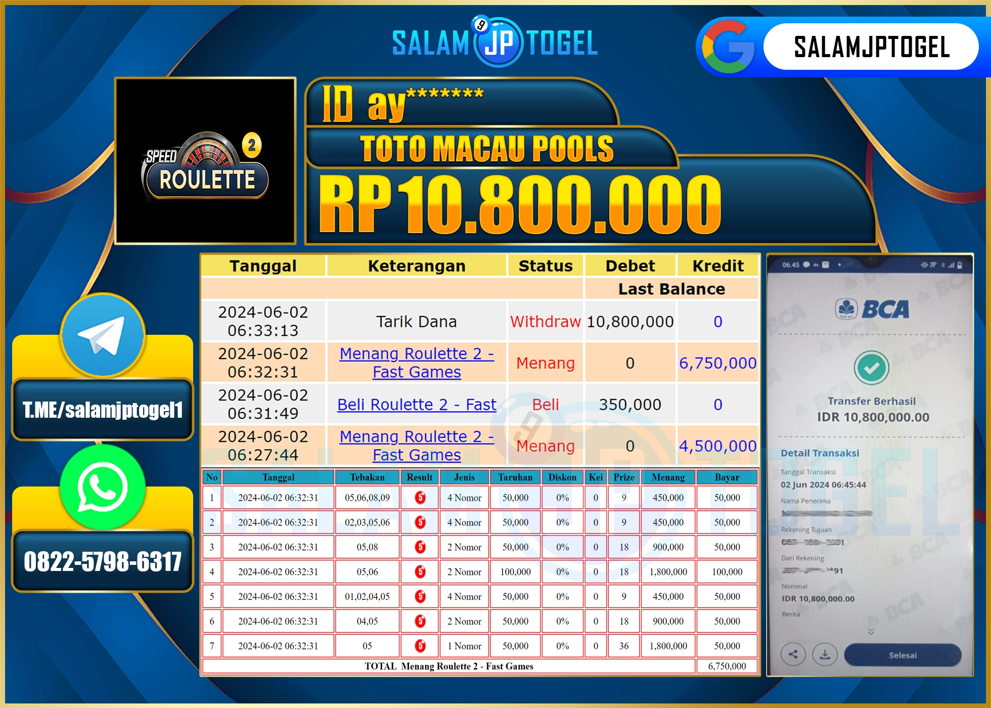 SALAMJPTOGEL MENANG ROULETTE RP. 10,800,000.,LUNAS