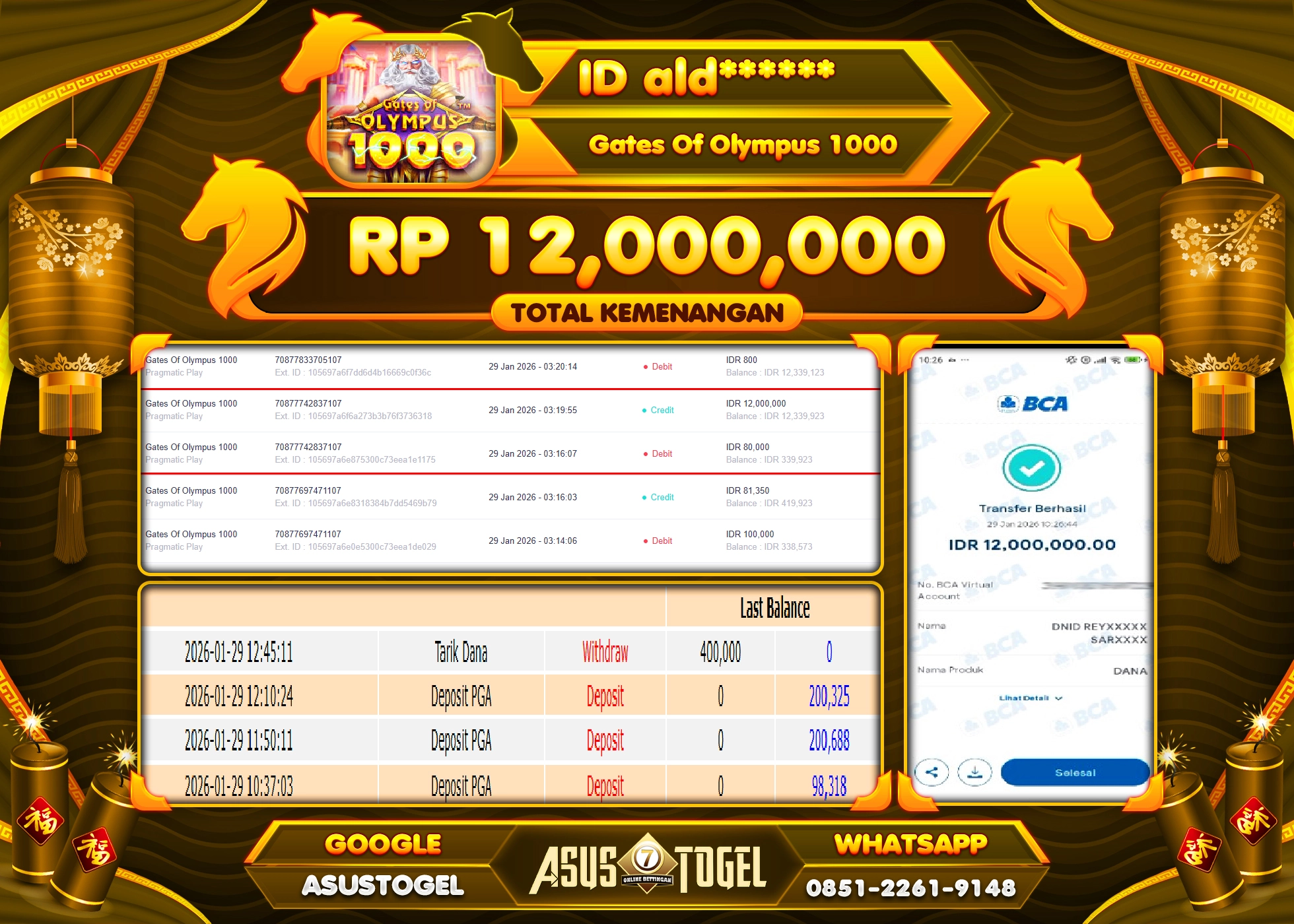 ASUSTOGEL KEMENANGAN DI SLOT GATES OF OLYMPUS 1000 SEBESAR 12,000,000 - RUPIAH LUNAS
