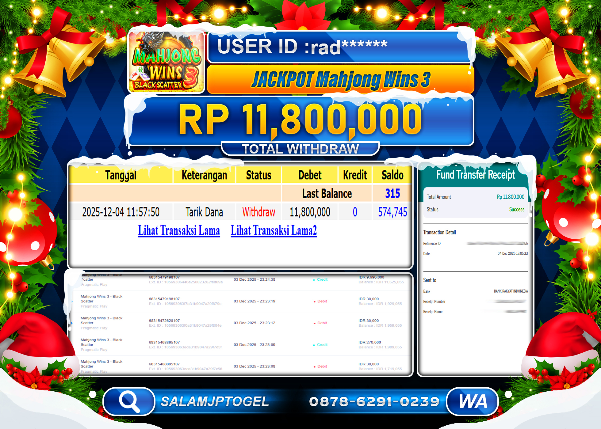 SALAMJPTOGEL JACKPOT SLOT MAHJONG WINS 3  Rp.11,800,000 - LUNAS