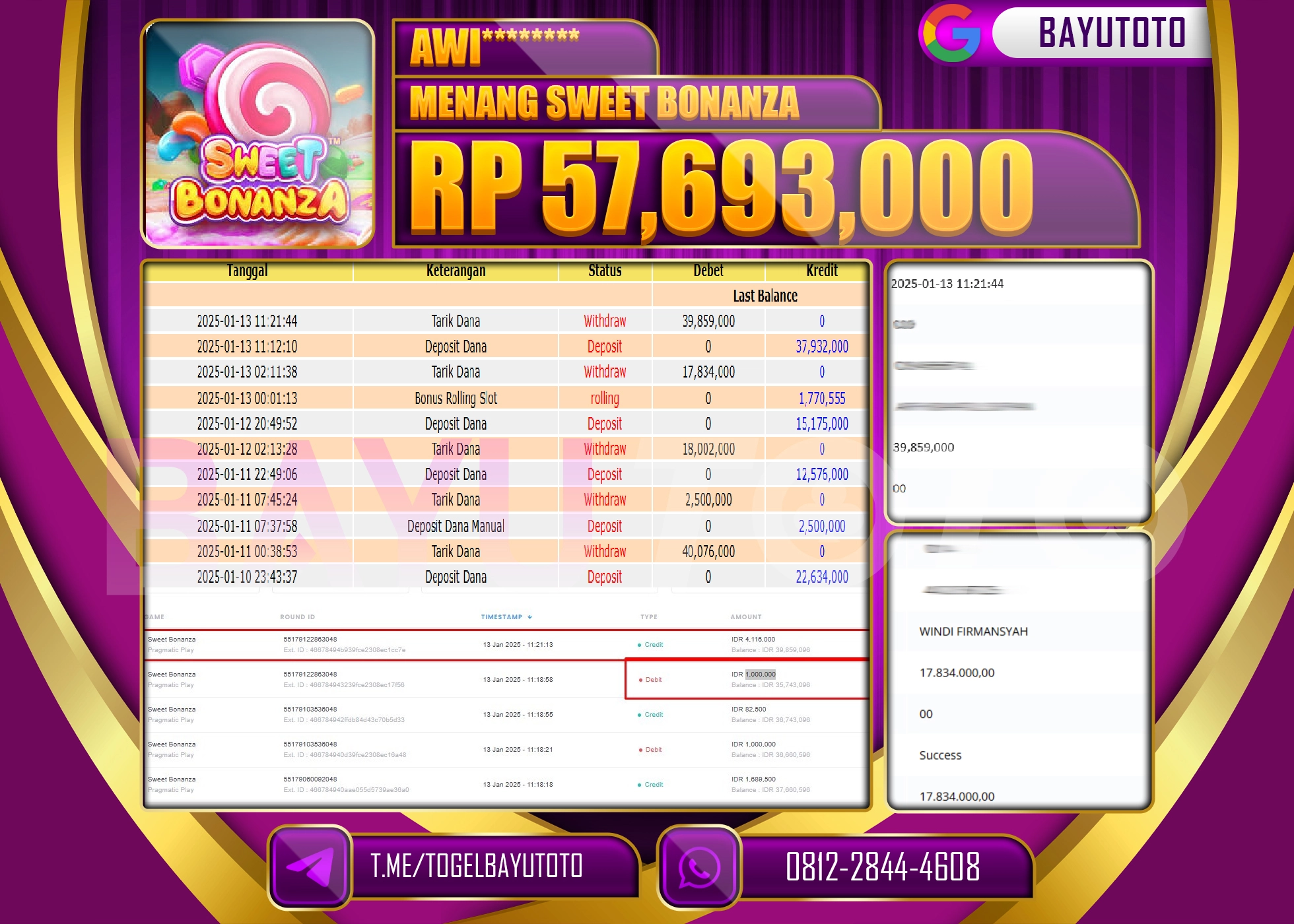 BAYUTOTO JACKPOT  DI  SLOT SWEET BONANZA Rp.57.693.000 LUNAS