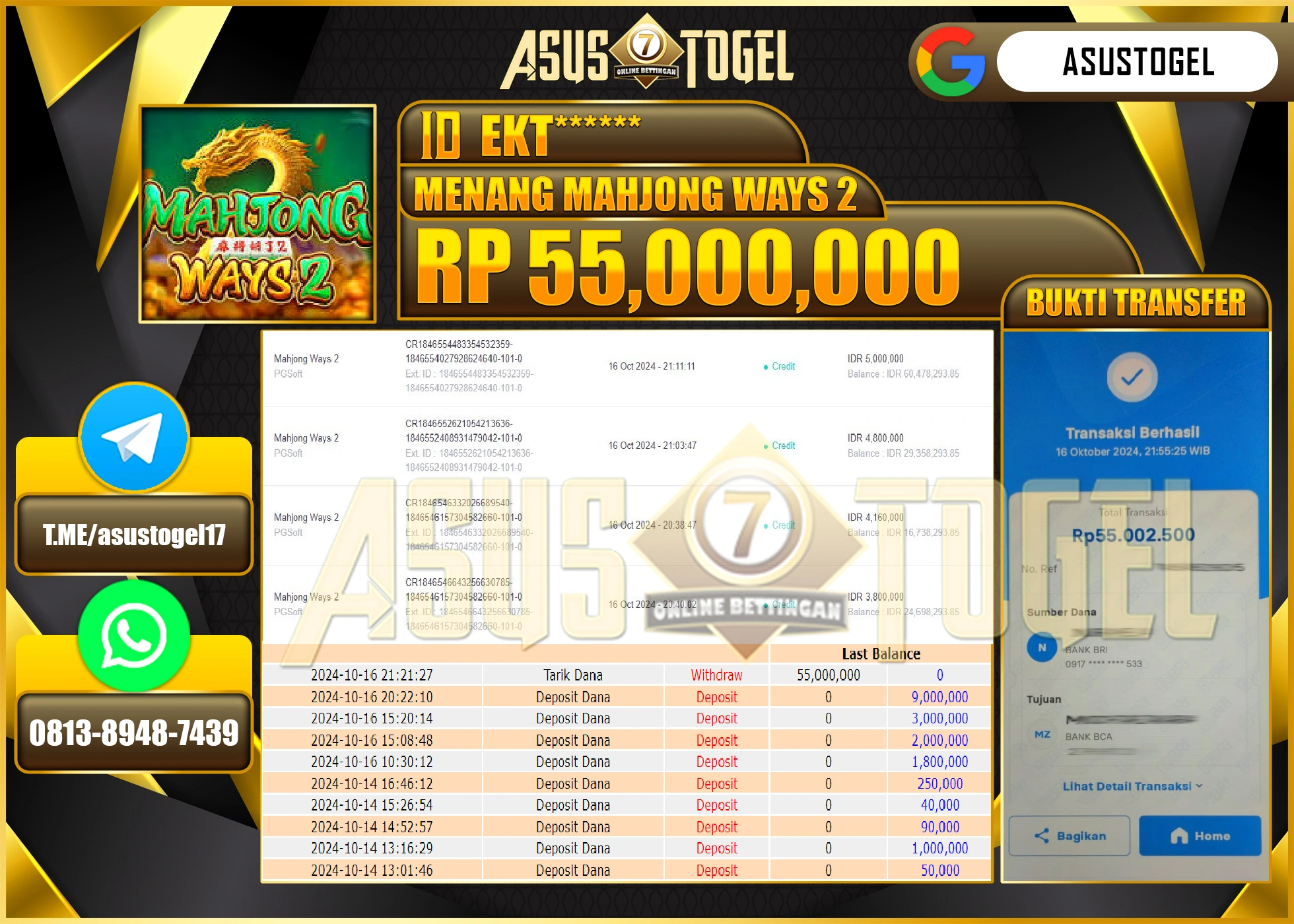 ASUSTOGEL KEMENANGAN  DI GAMES   MENANG    MAHJONG WAYS   2 SEBESAR 55,000,000- RUPIAH LUNAS