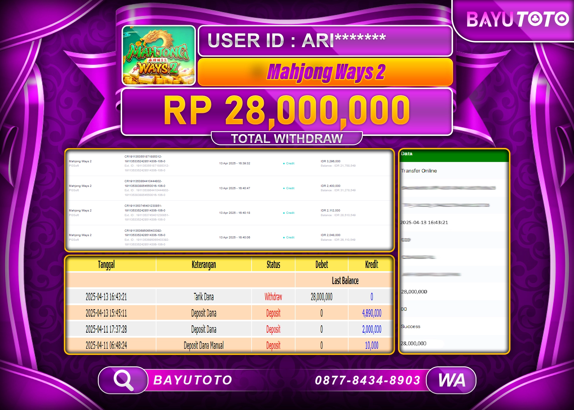 BAYUTOTO JACKPOT  DI SLOT MAHJONG WAYS 2 PG SOFT Rp.28,000.000 LUNAS