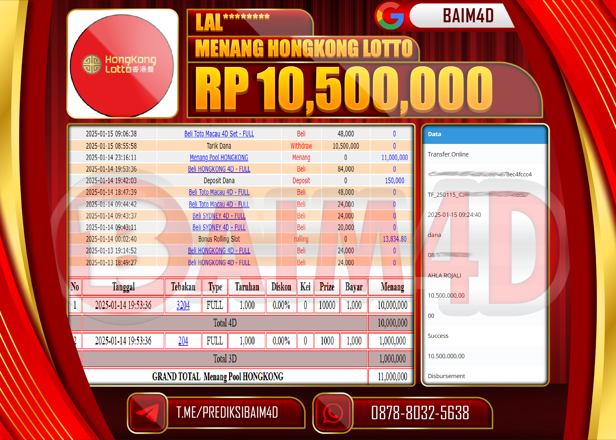 BAIM4D JACKPOT Menang HONGKONG LOTTO  Rp.10,500,000.- LUNAS