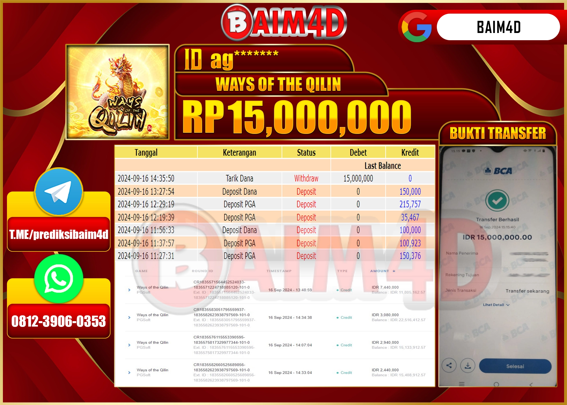 BAIM4D JACKPOT WAYS OF THE QILIN Rp.15.000,000.- LUNAS
