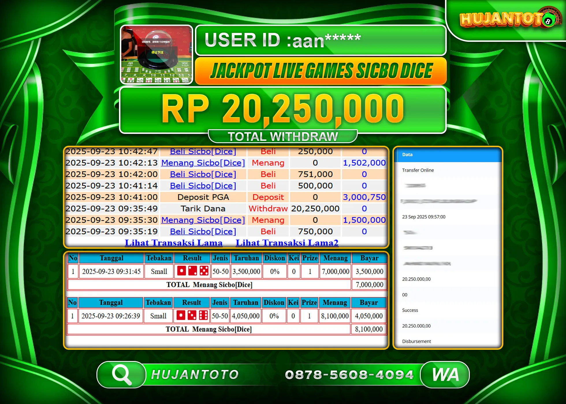 HUJANTOTO - BUKTI JACKPOT MENANG LIVE GAMES SICBO DICE Rp.20,250,000 - TERBAYAR LUNAS