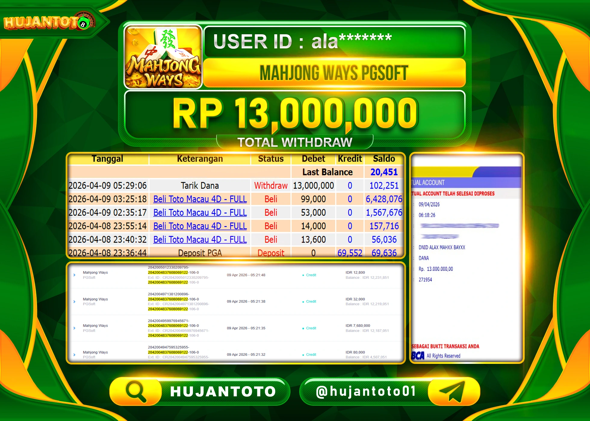 HUJANTOTO - BUKTI JACKPOT MENANG JACKPOT SLOT MAHJONG WAYS PG SOFT  Rp.13,000,000 - TERBAYAR LUNAS