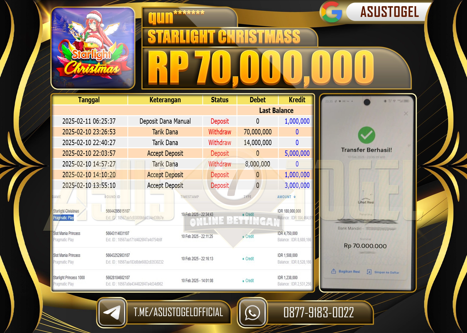 ASUSTOGEL KEMENANGAN DI STARLIGHT CHRISTMAS SEBESAR 70,000,000 - RUPIAH LUNAS