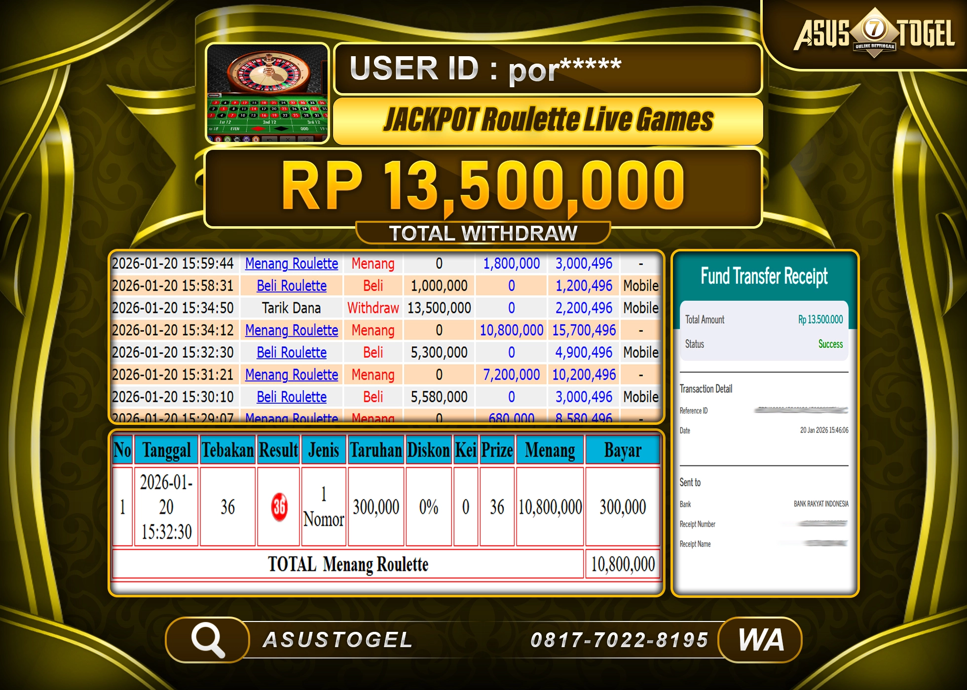 ASUSTOGEL KEMENANGAN DI LIVE GAMES ROULETTE SEBESAR 13,500,000 - RUPIAH LUNAS