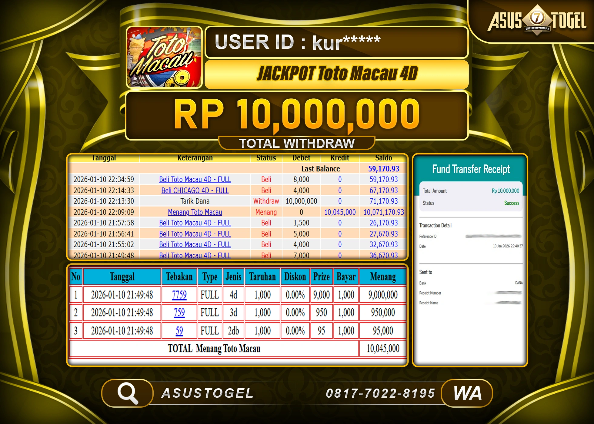 ASUSTOGEL KEMENANGAN DI TOGEL TOTO MACAU 4D SEBESAR 10,000,000 - RUPIAH LUNAS