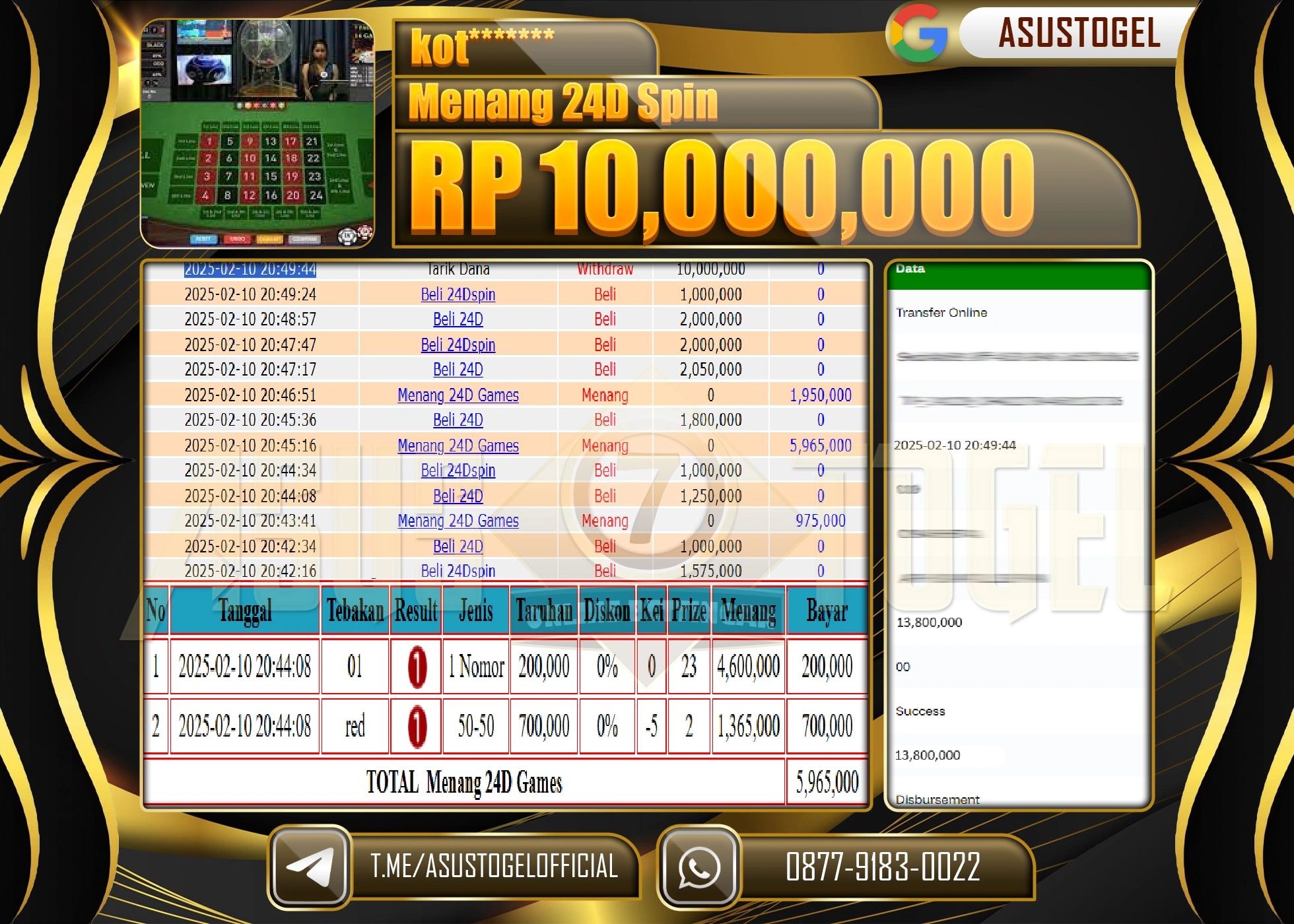 ASUSTOGEL KEMENANGAN DI LIVE GAMES 24D SPIN SEBESAR 10,000,000 - RUPIAH LUNAS