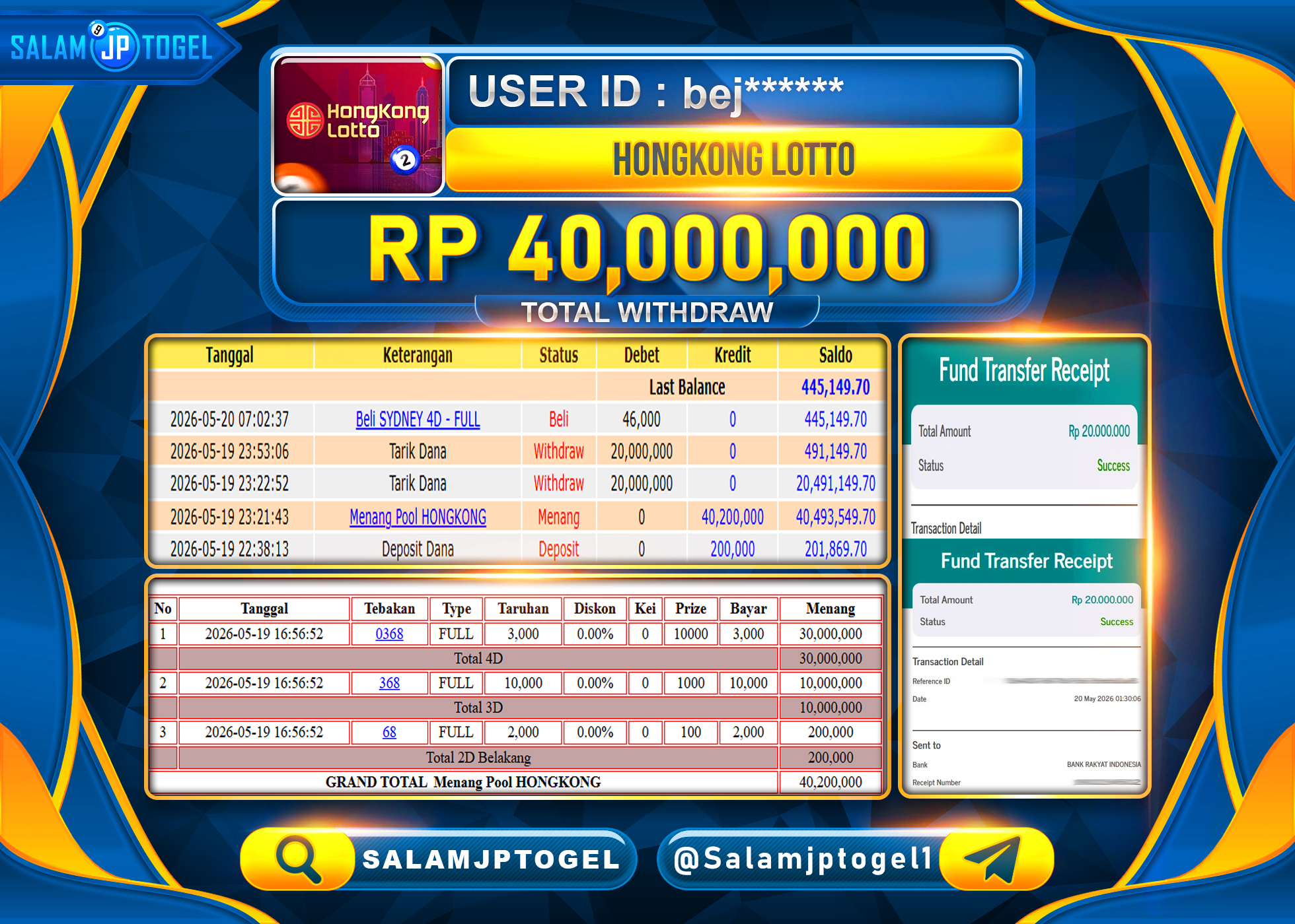 SALAMJPTOGEL JACKPOT Menang Menang Pool HONGKONG Rp.40,000,000 - LUNAS